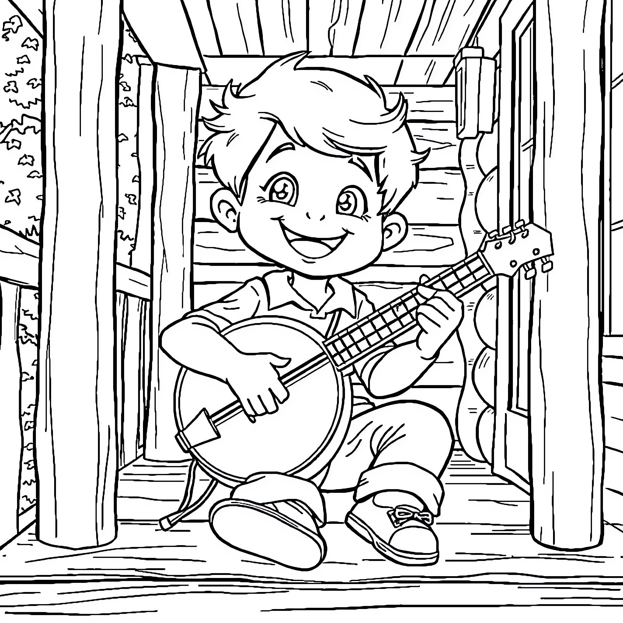 Kid playing joyfully with guitar in rustic setting Coloring Page (free black-and-white line drawing printable PDF for all, from beginners to advanced learners, including children, teens, adults, and seniors)
