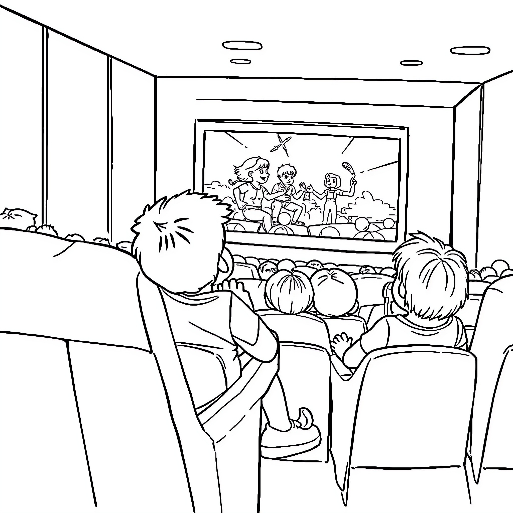 Niños watching performance on stage Coloring Page (free black-and-white line drawing printable PDF for all, from beginners to advanced learners, including children, teens, adults, and seniors)