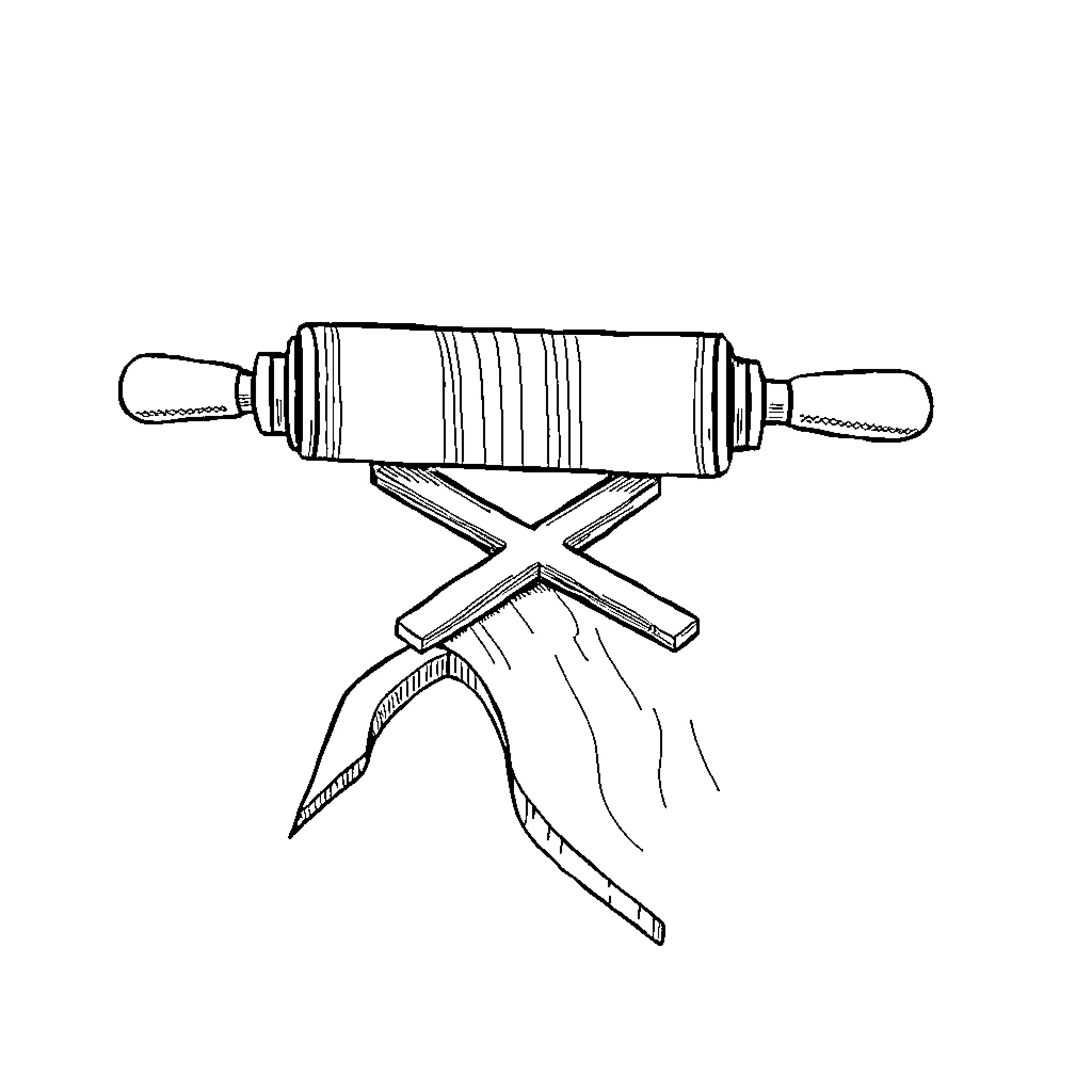 Seam Roller with Crossed Rolling Pins Coloring Page (free black-and-white line drawing printable PDF for all, from beginners to advanced learners, including children, teens, adults, and seniors)