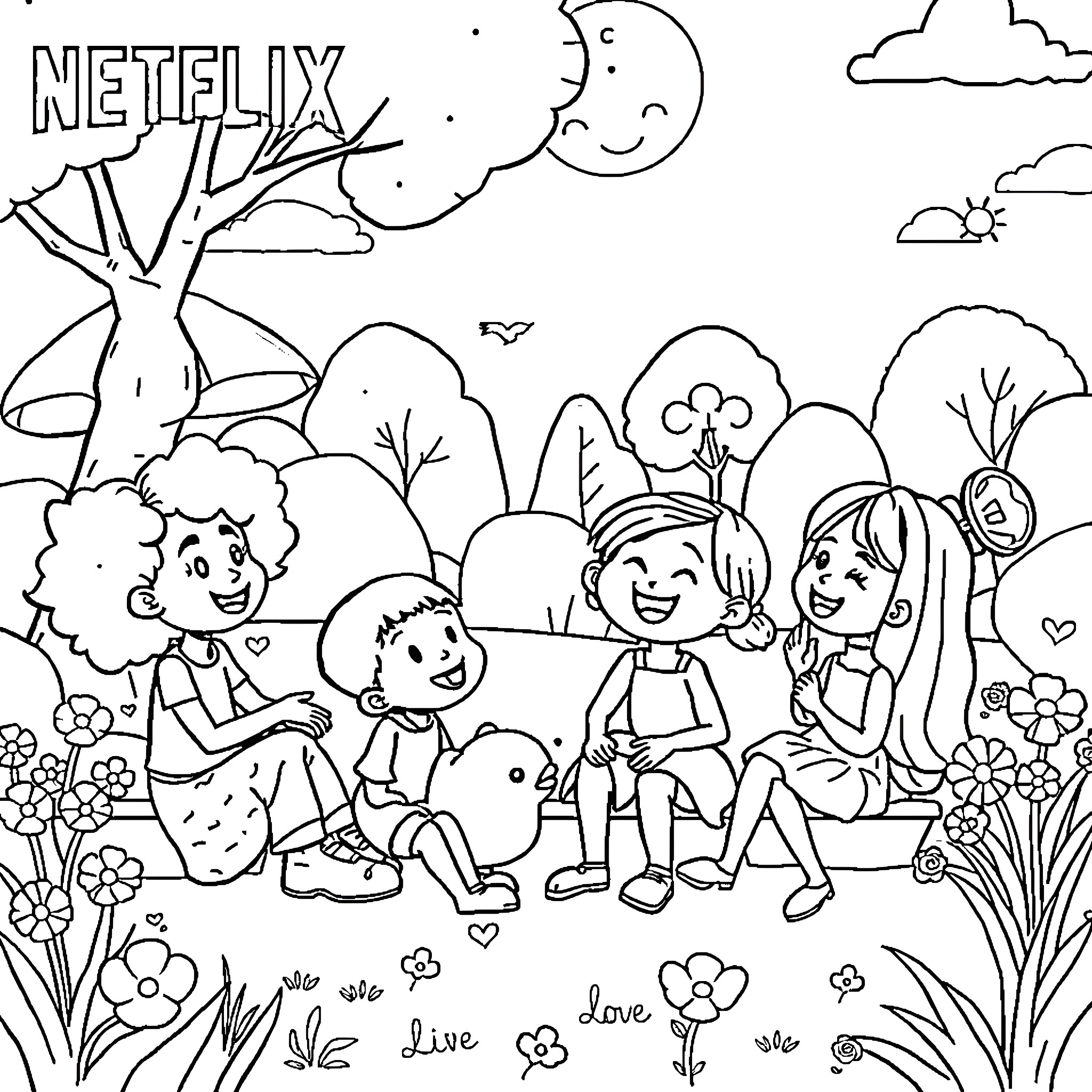 Character playing and exploring nature together Coloring Page (free black-and-white line drawing printable PDF for all, from beginners to advanced learners, including children, teens, adults, and seniors)