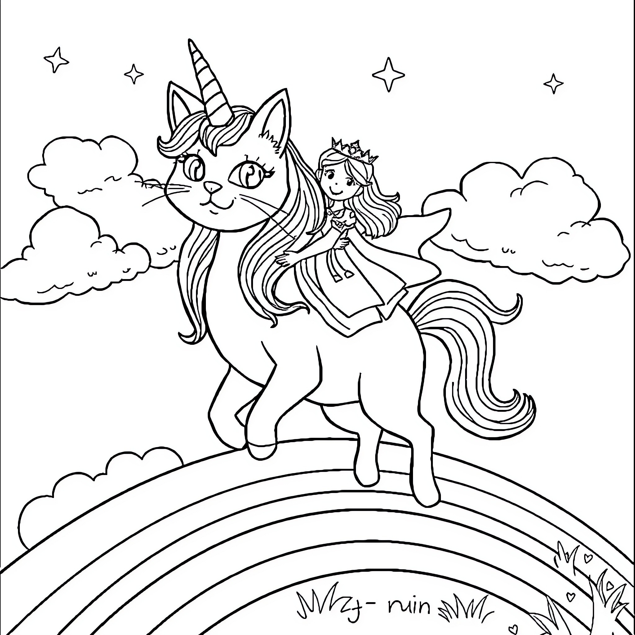 Cat Unicorn riding on rainbow with princess Coloring Page (free black-and-white line drawing printable PDF for all, from beginners to advanced learners, including children, teens, adults, and seniors)