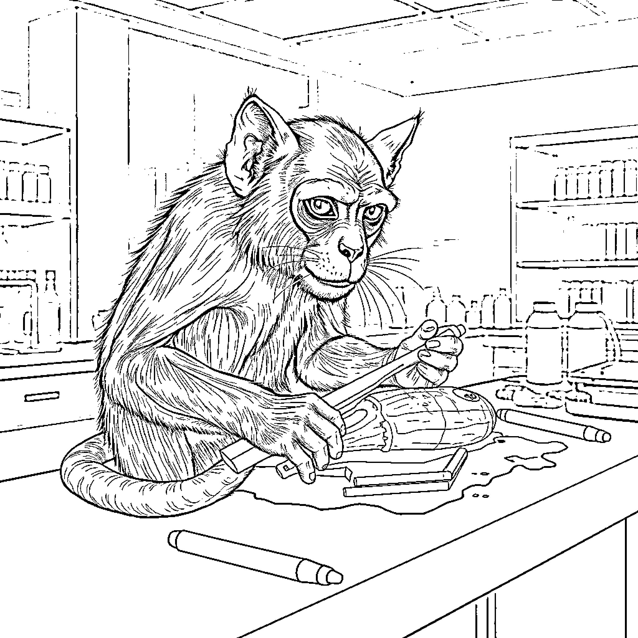 Mutant Monkey Cat Tinkering with Mechanical Gadgets Coloring Page (free black-and-white line drawing printable PDF for all, from beginners to advanced learners, including children, teens, adults, and seniors)