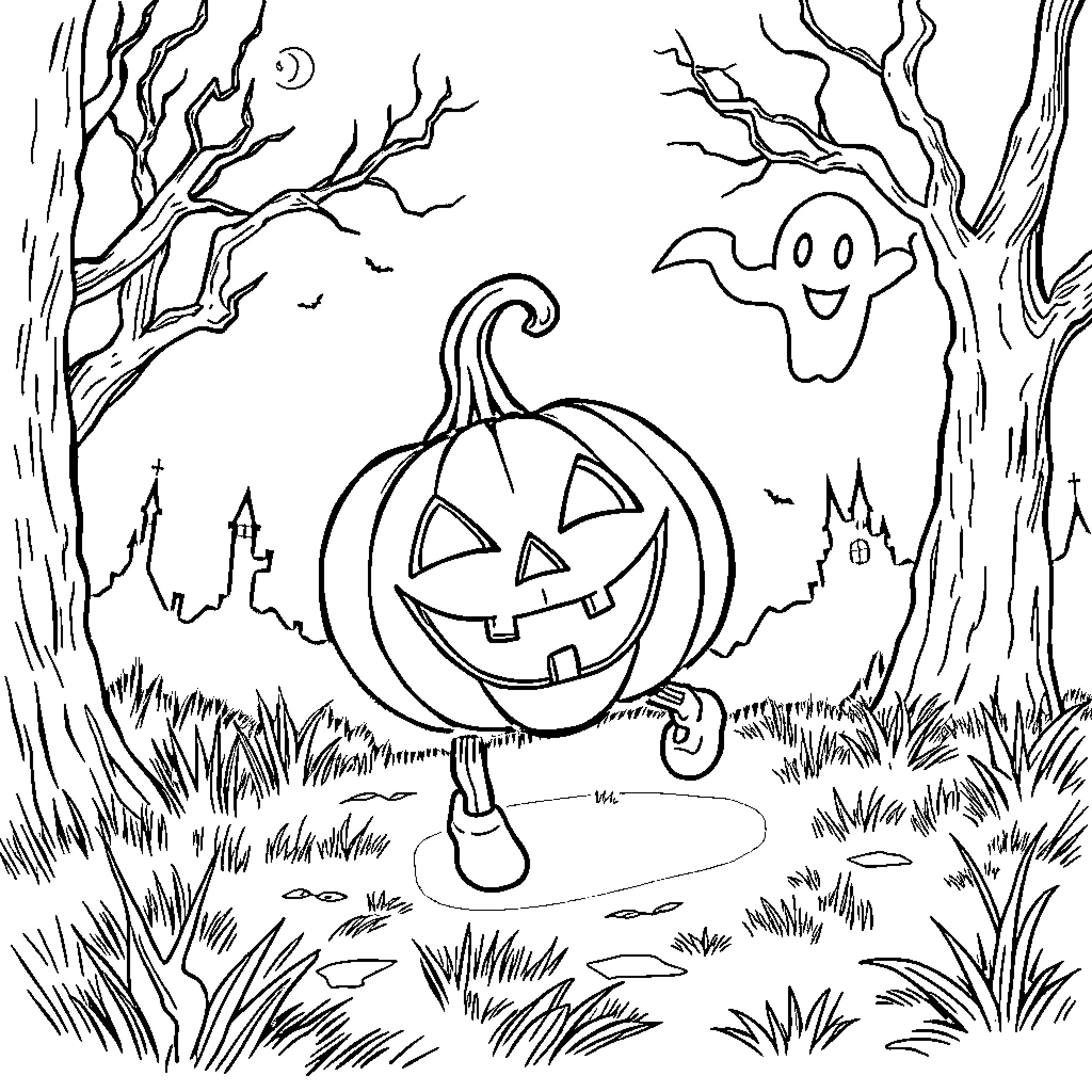 Jack Lantern's Spooky Stroll on Halloween Night Coloring Page (free black-and-white line drawing printable PDF for all, from beginners to advanced learners, including children, teens, adults, and seniors)