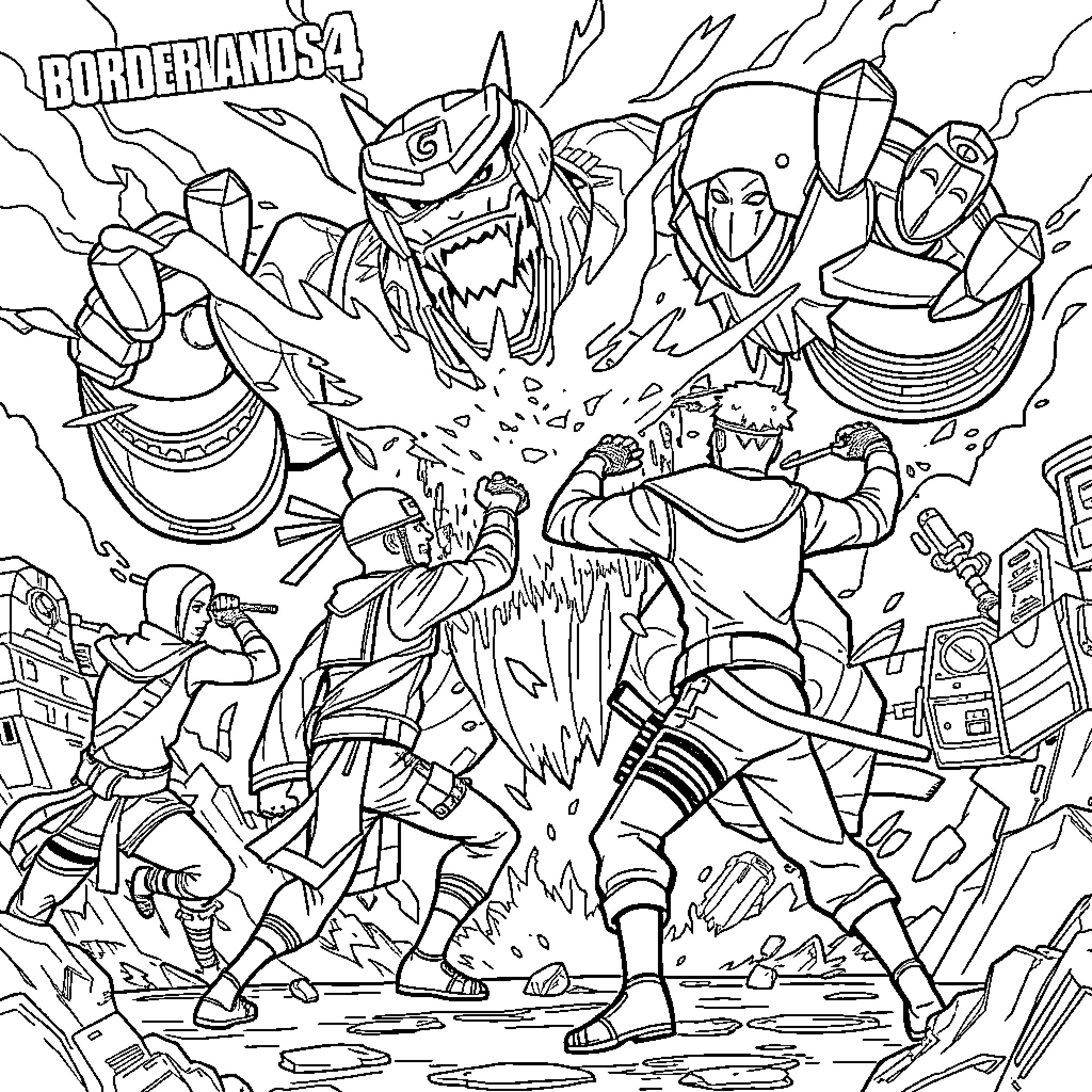 Naruto characters in intense battle against Borderlands enemies Coloring Page (free black-and-white line drawing printable PDF for all, from beginners to advanced learners, including children, teens, adults, and seniors)