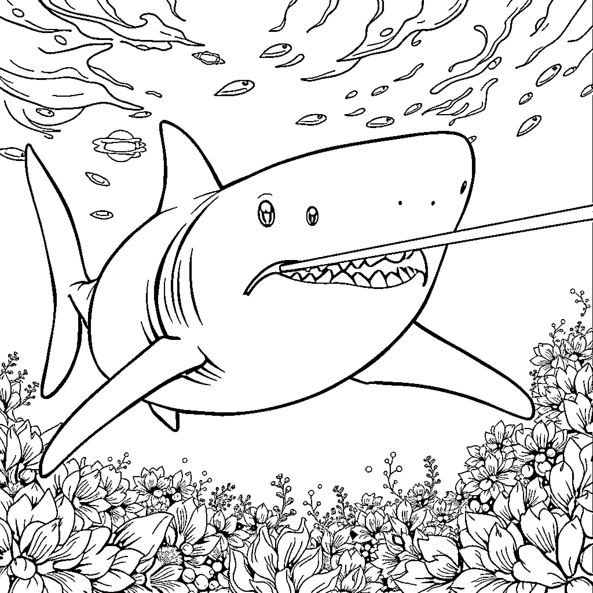 Shark hunting in the underwater garden Coloring Page (free black-and-white line drawing printable PDF for all, from beginners to advanced learners, including children, teens, adults, and seniors)