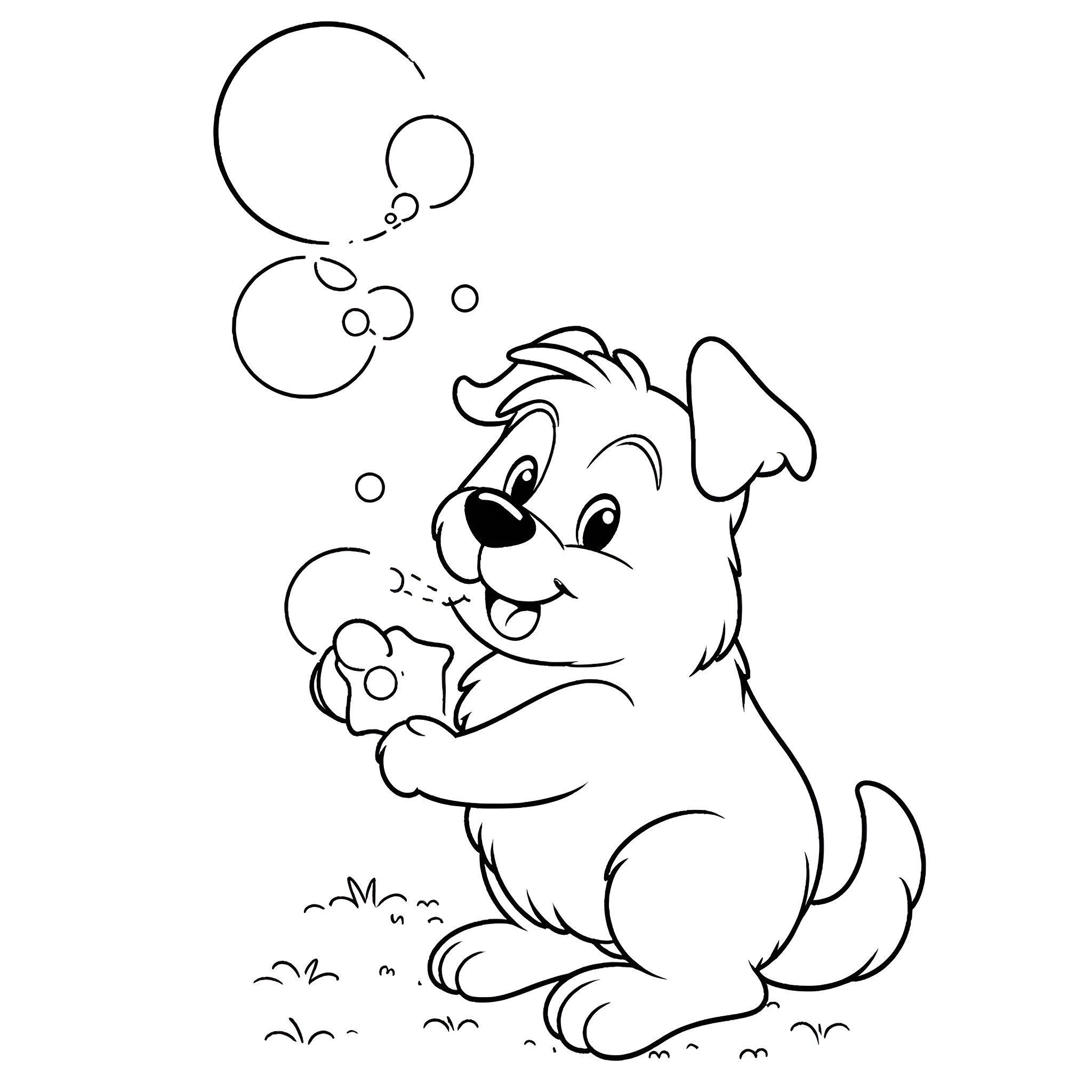 Bluey playing happily with bubbles Coloring Page (free black-and-white line drawing printable PDF for all, from beginners to advanced learners, including children, teens, adults, and seniors)