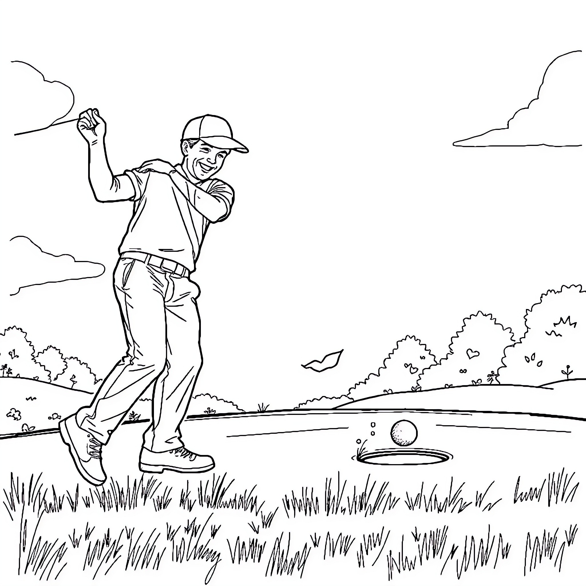 Golfer celebrating a successful shot on the course Coloring Page (free black-and-white line drawing printable PDF for all, from beginners to advanced learners, including children, teens, adults, and seniors)