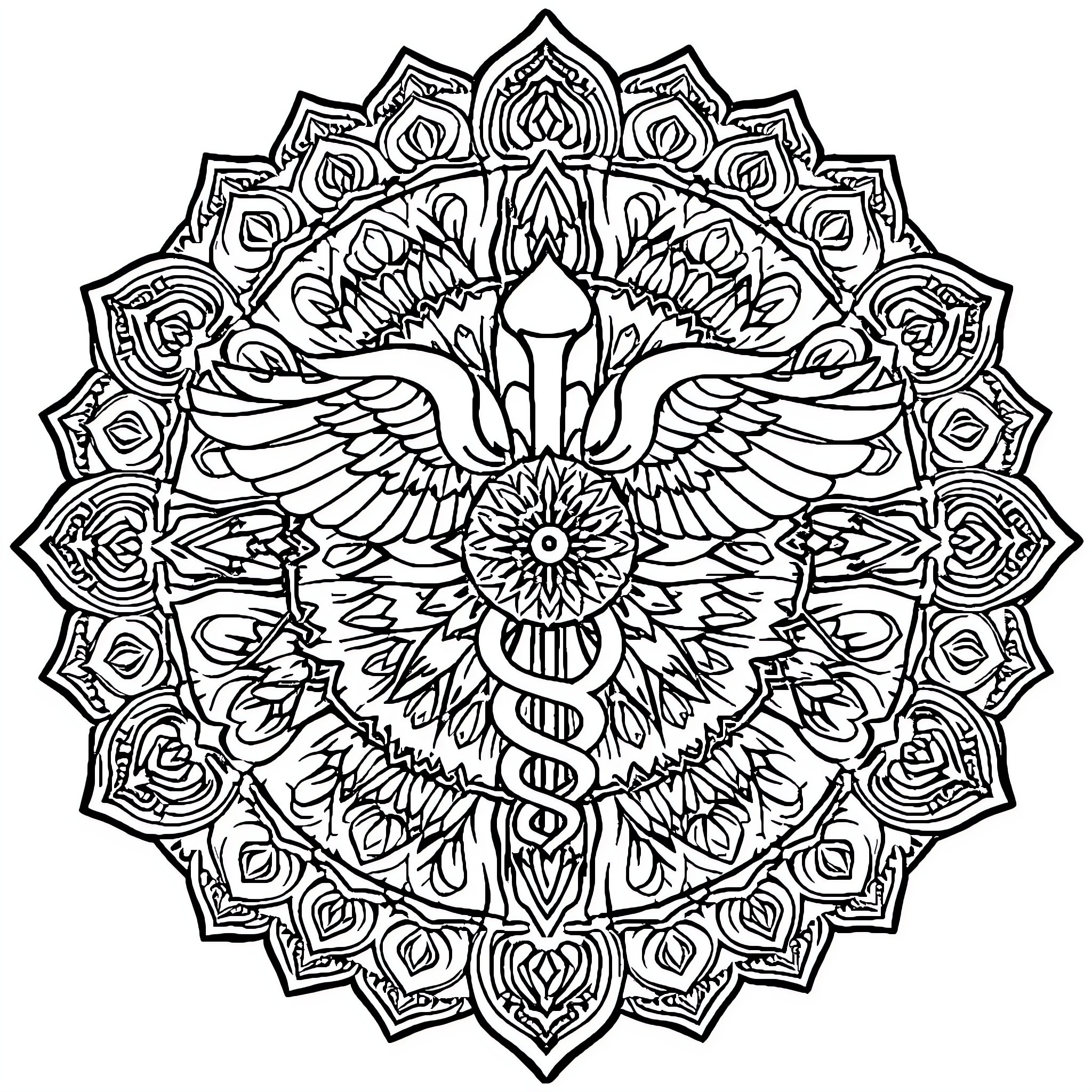 Mandala depicting symbolic winged creature and floral design Coloring Page (free black-and-white line drawing printable PDF for all, from beginners to advanced learners, including children, teens, adults, and seniors)