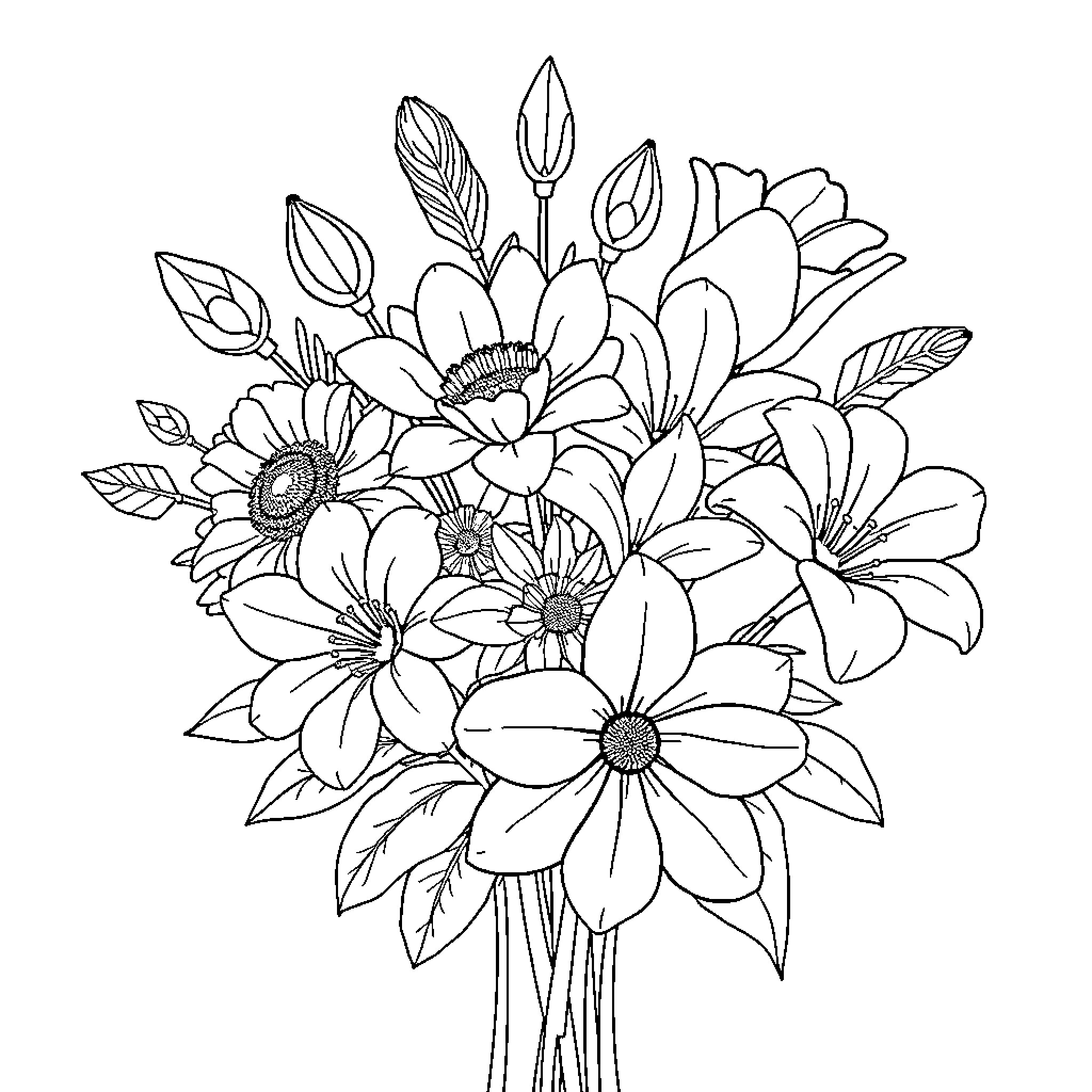 Bouquet of blooming flowers in a vase Coloring Page (free black-and-white line drawing printable PDF for all, from beginners to advanced learners, including children, teens, adults, and seniors)