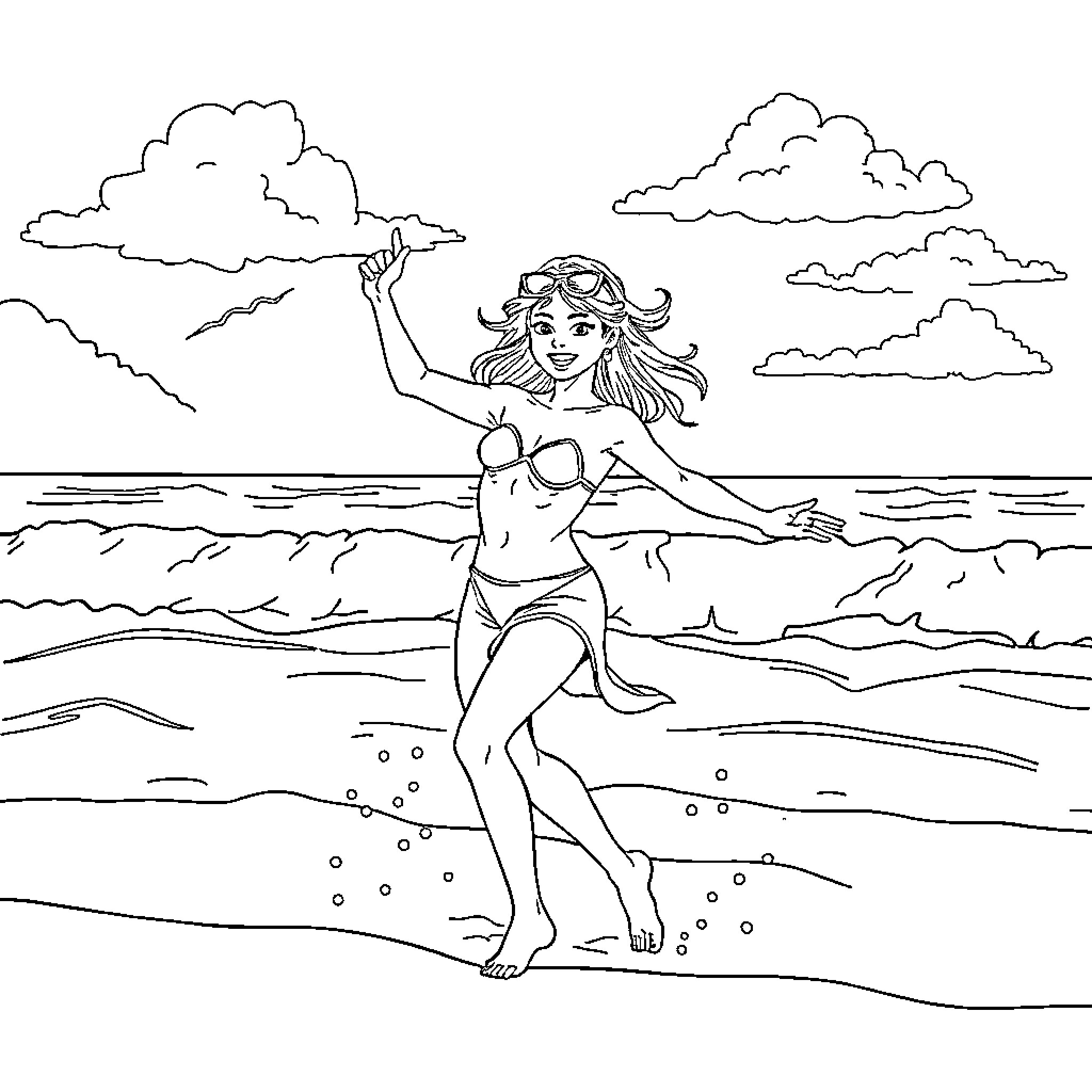 Kurumi's Joyful Splash in the Waves Coloring Page (free black-and-white line drawing printable PDF for all, from beginners to advanced learners, including children, teens, adults, and seniors)