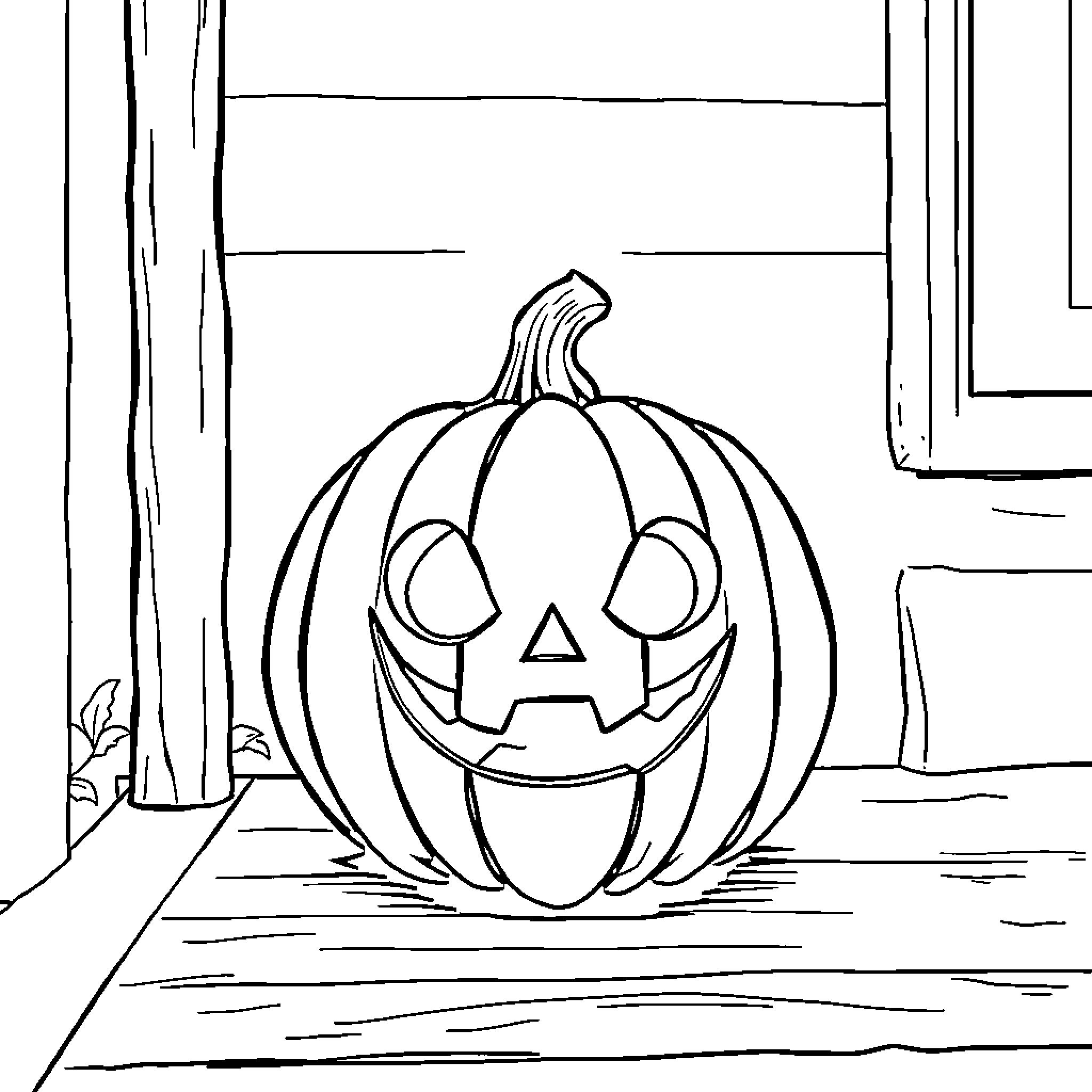 Jack-o'-lantern on the doorstep Coloring Page (free black-and-white line drawing printable PDF for all, from beginners to advanced learners, including children, teens, adults, and seniors)