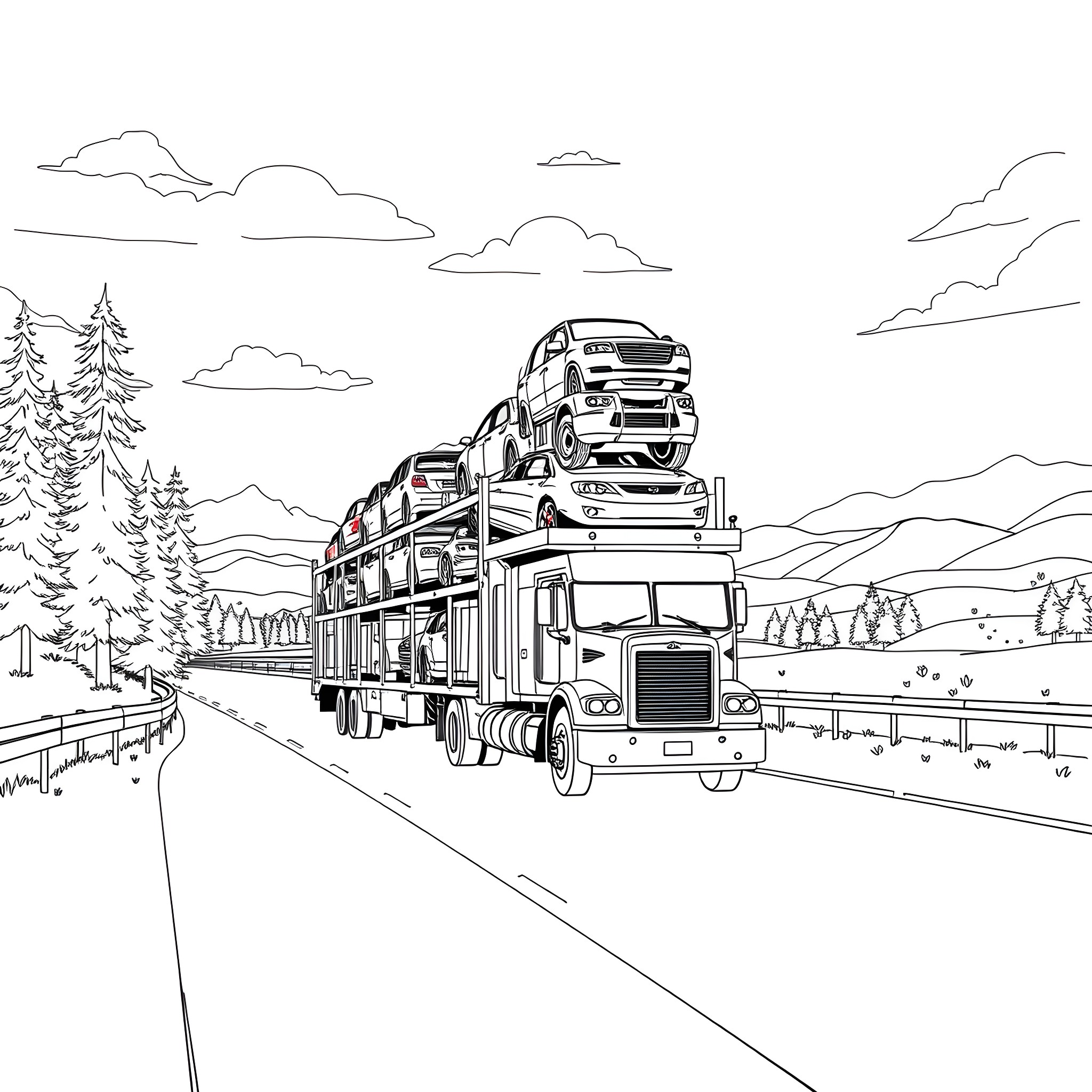 Car Carrier transporting numerous vehicles on the highway Coloring Page (free black-and-white line drawing printable PDF for all, from beginners to advanced learners, including children, teens, adults, and seniors)