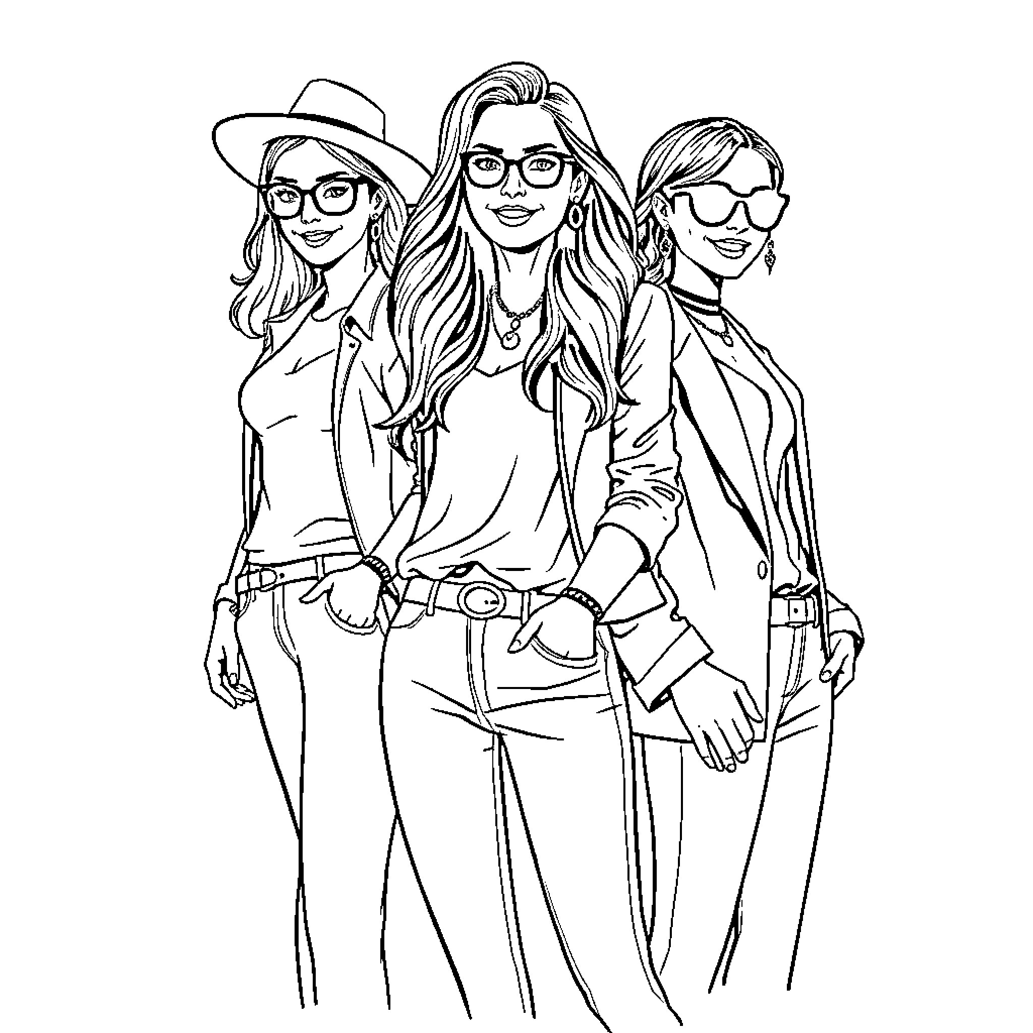 Women Posing Stylishly in Casual Outfits Coloring Page (free black-and-white line drawing printable PDF for all, from beginners to advanced learners, including children, teens, adults, and seniors)