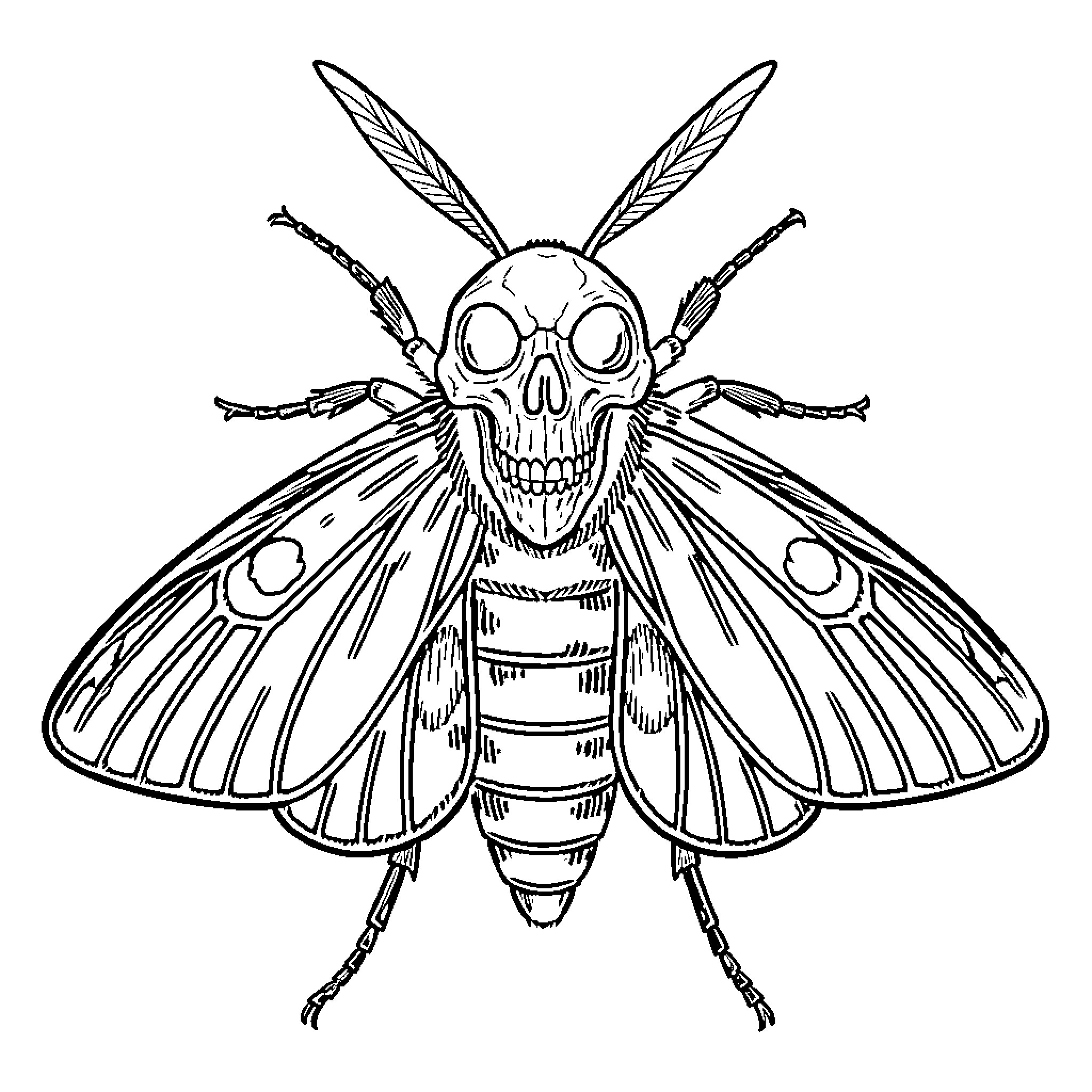 Moth with a Skull Face and Piercing Eyes Coloring Page (free black-and-white line drawing printable PDF for all, from beginners to advanced learners, including children, teens, adults, and seniors)