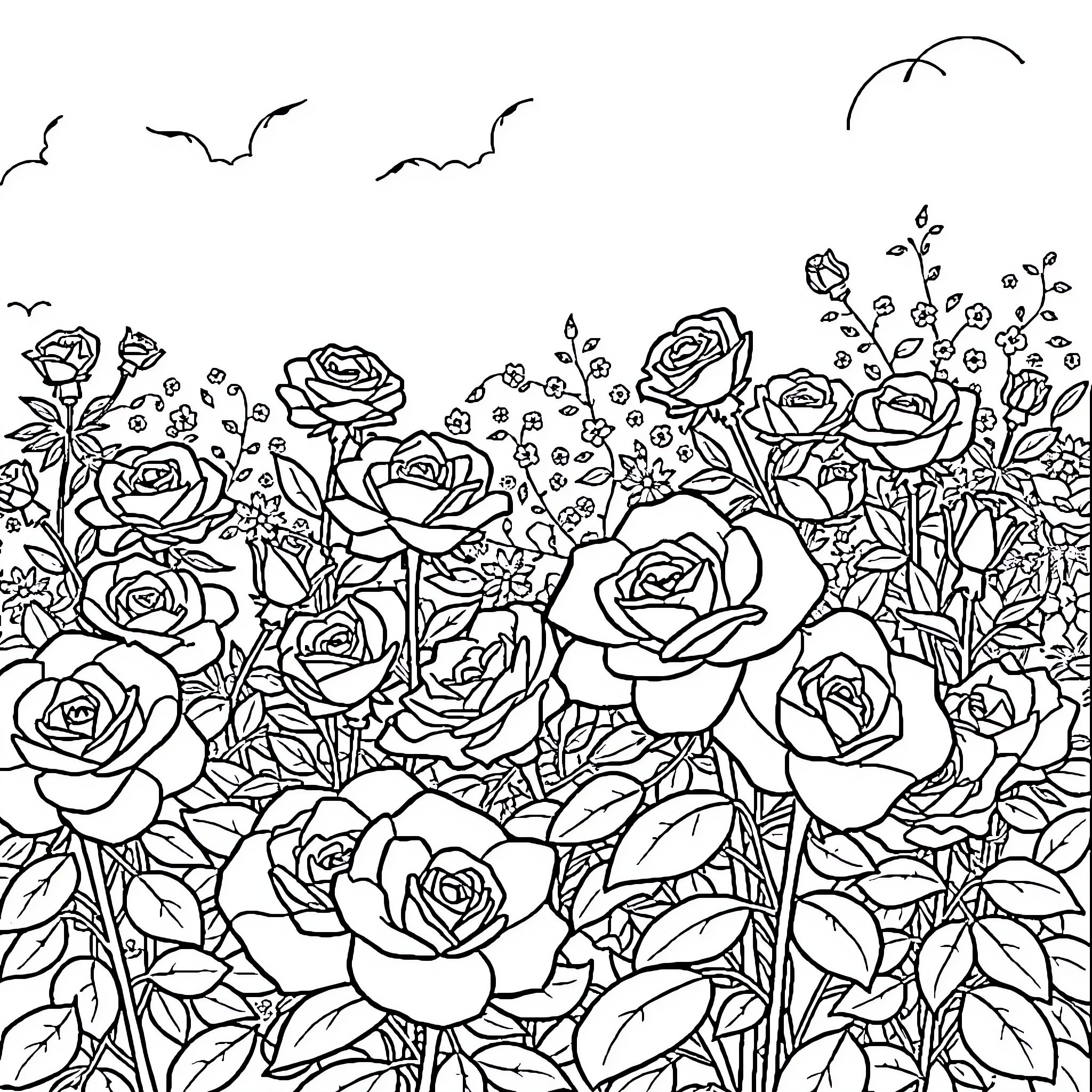 Rose Garden with Flowers and Butterflies Coloring Page (free black-and-white line drawing printable PDF for all, from beginners to advanced learners, including children, teens, adults, and seniors)