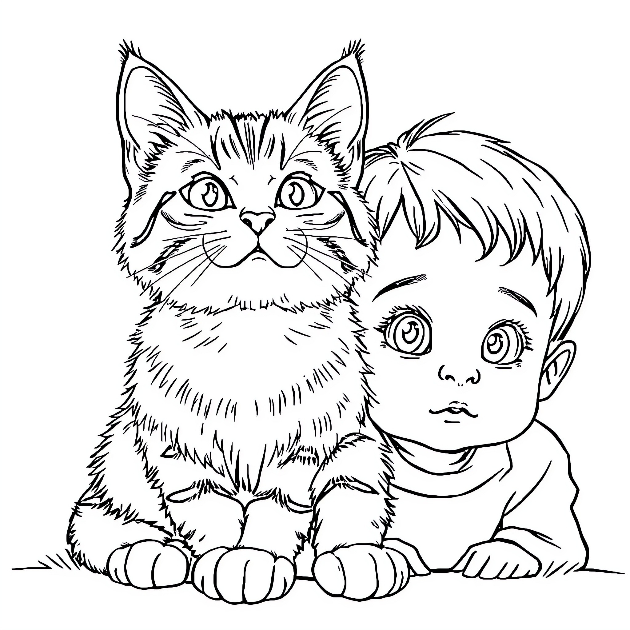 Cat and child in black and white sketch Coloring Page (free black-and-white line drawing printable PDF for all, from beginners to advanced learners, including children, teens, adults, and seniors)