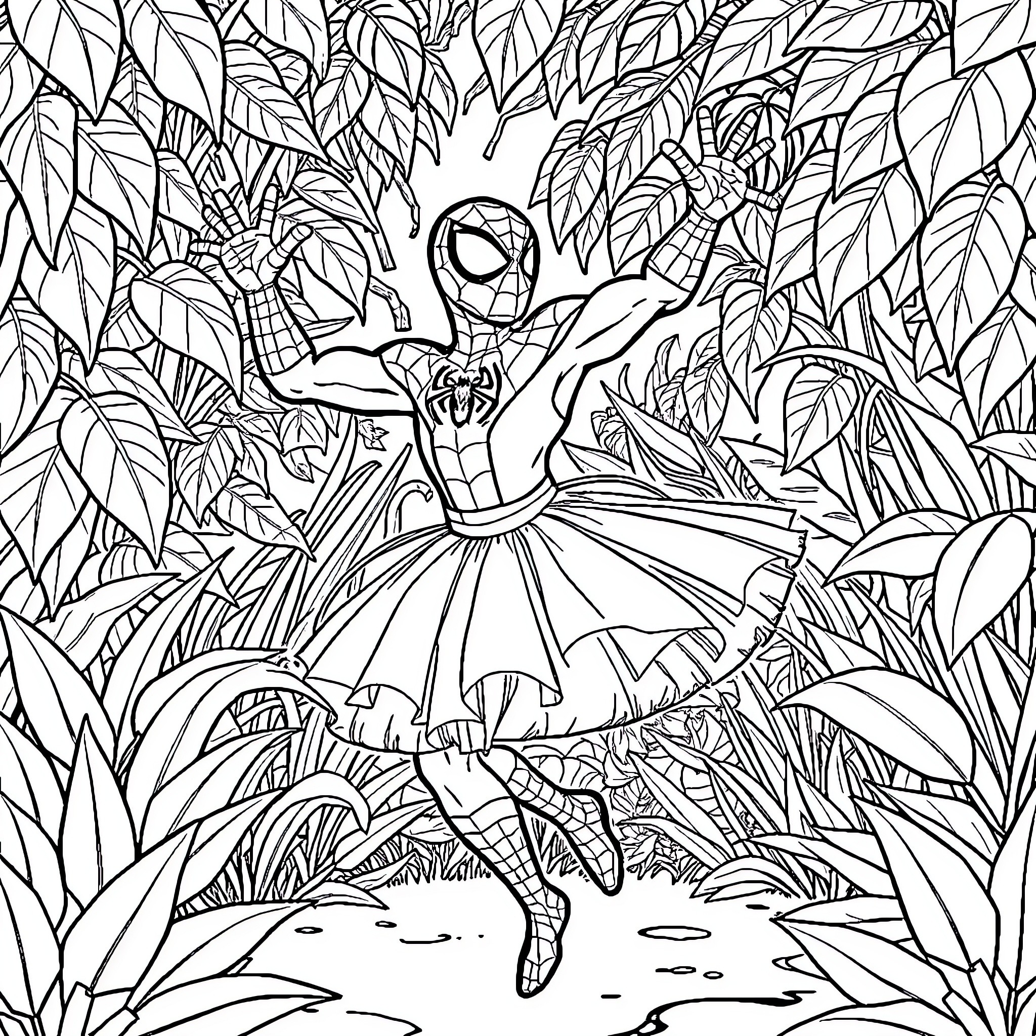 Spiderman Ballet Dancing in Jungle Foliage Coloring Page (free black-and-white line drawing printable PDF for all, from beginners to advanced learners, including children, teens, adults, and seniors)