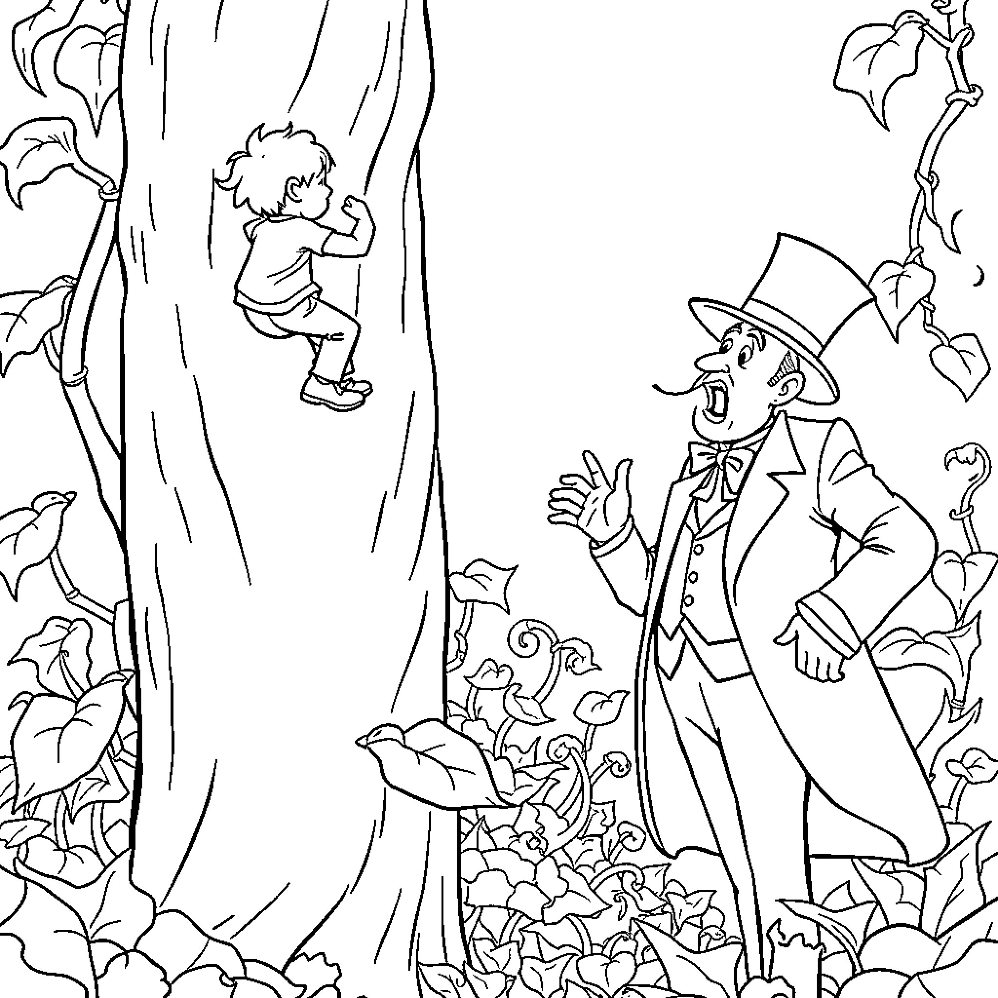 Jack climbs a tree as a Mad Hatter observes Coloring Page (free black-and-white line drawing printable PDF for all, from beginners to advanced learners, including children, teens, adults, and seniors)