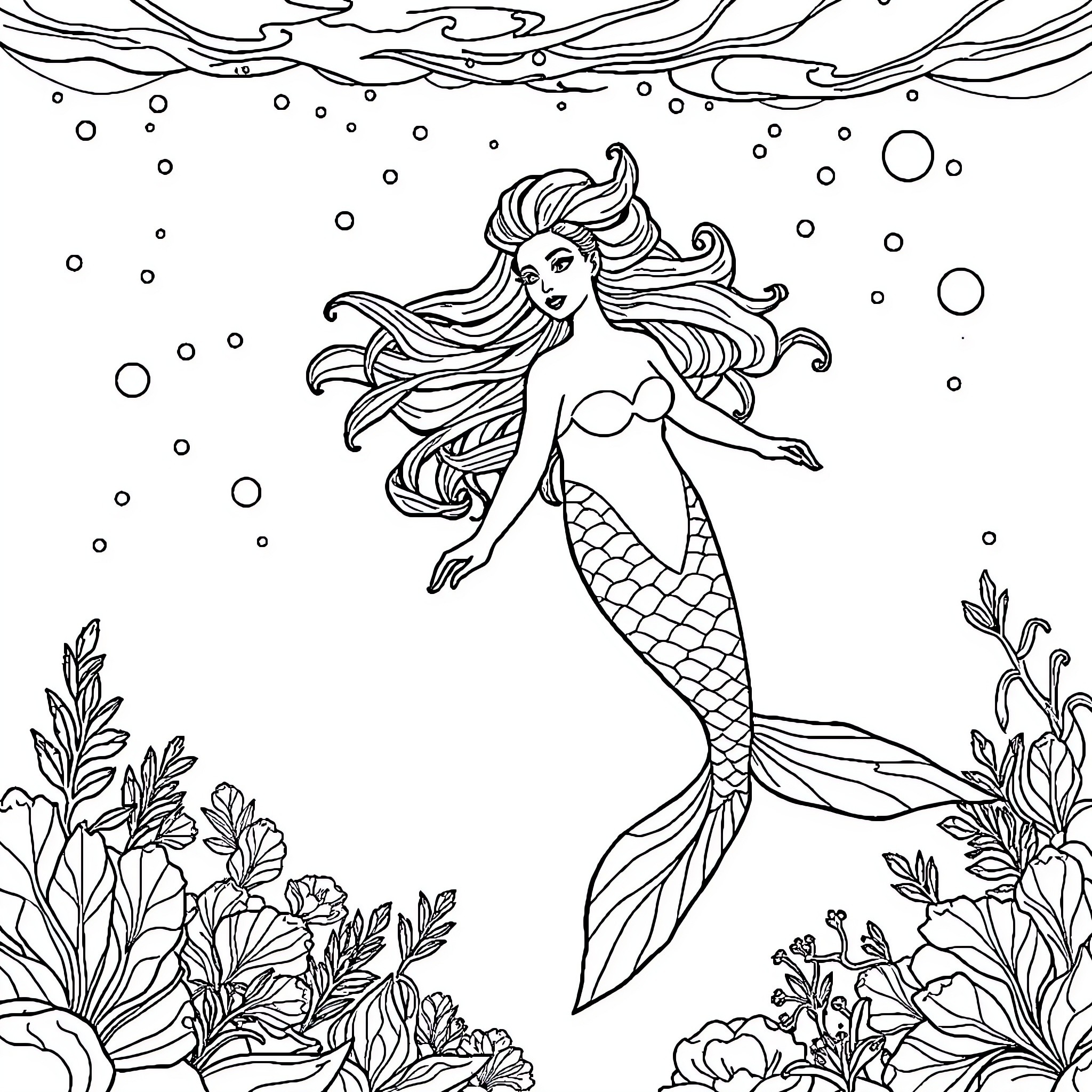 Mermaid swimming gracefully among sea creatures Coloring Page (free black-and-white line drawing printable PDF for all, from beginners to advanced learners, including children, teens, adults, and seniors)