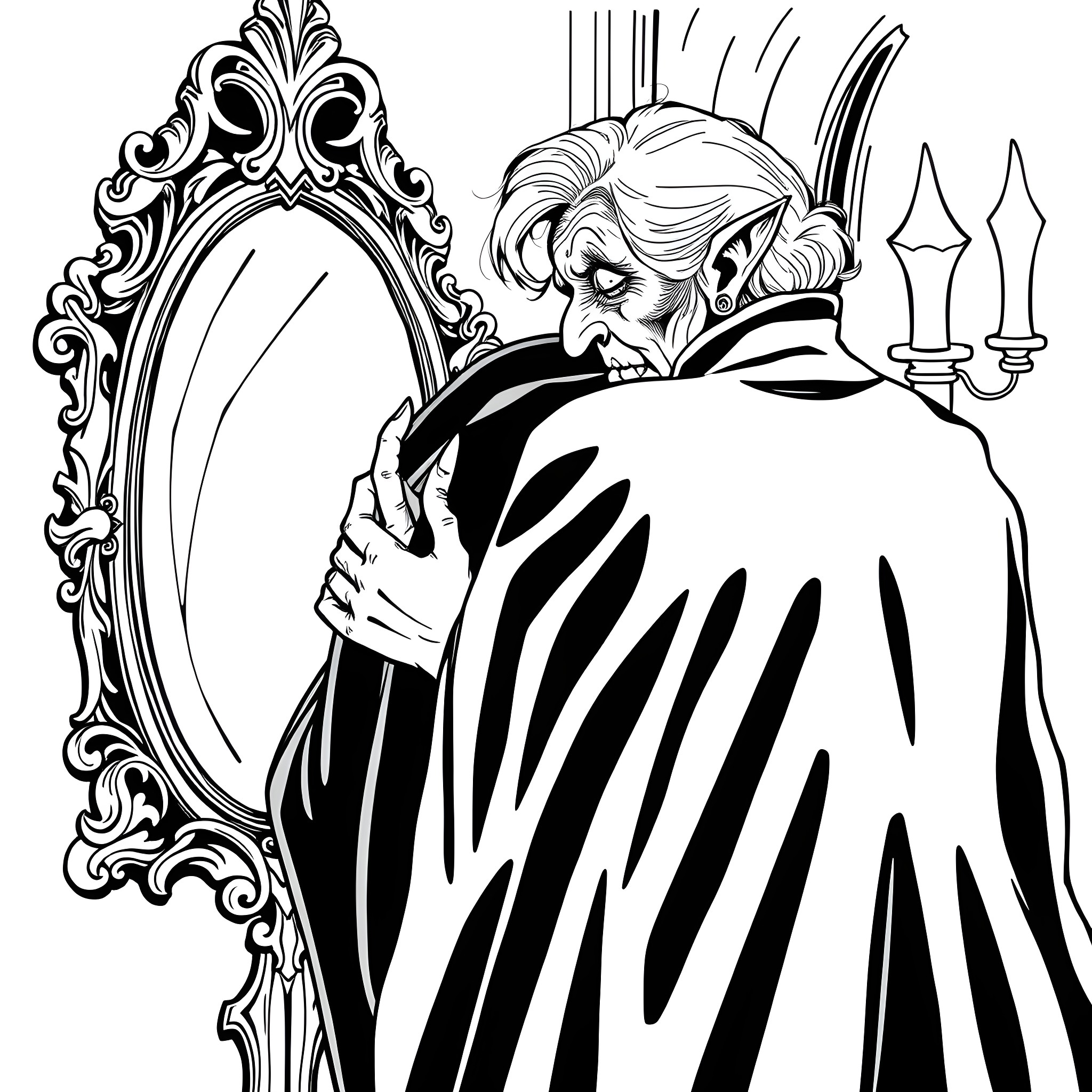 Hunchback Woman Gazing into Ornate Mirror Coloring Page (free black-and-white line drawing printable PDF for all, from beginners to advanced learners, including children, teens, adults, and seniors)