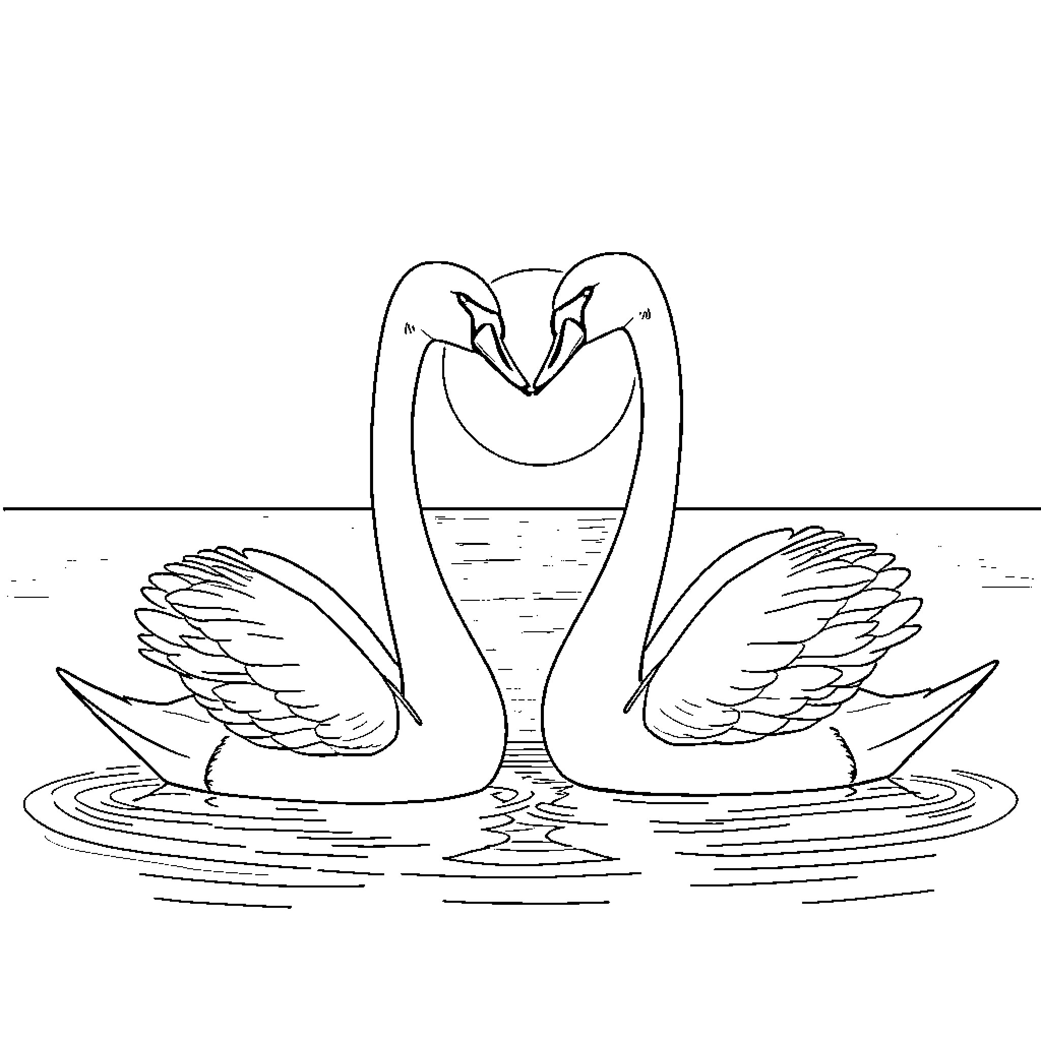Swan Pair Forming a Heart Shape Coloring Page (free black-and-white line drawing printable PDF for all, from beginners to advanced learners, including children, teens, adults, and seniors)