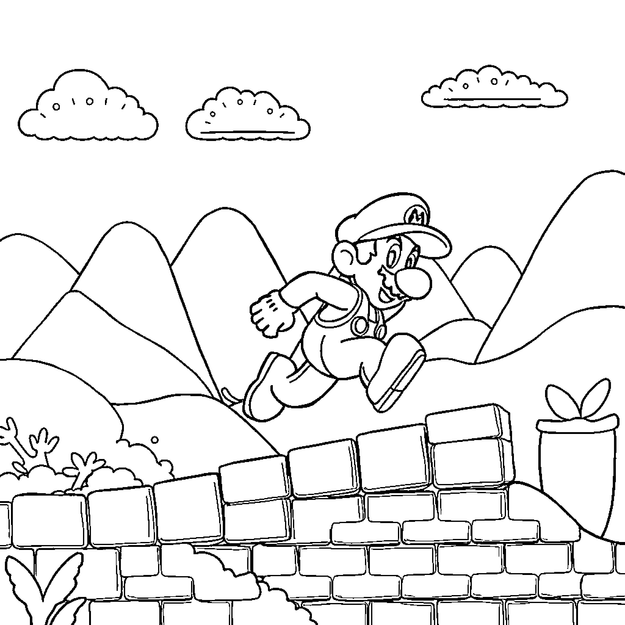 Super Mario Jumping over Brick Wall Coloring Page (free black-and-white line drawing printable PDF for all, from beginners to advanced learners, including children, teens, adults, and seniors)