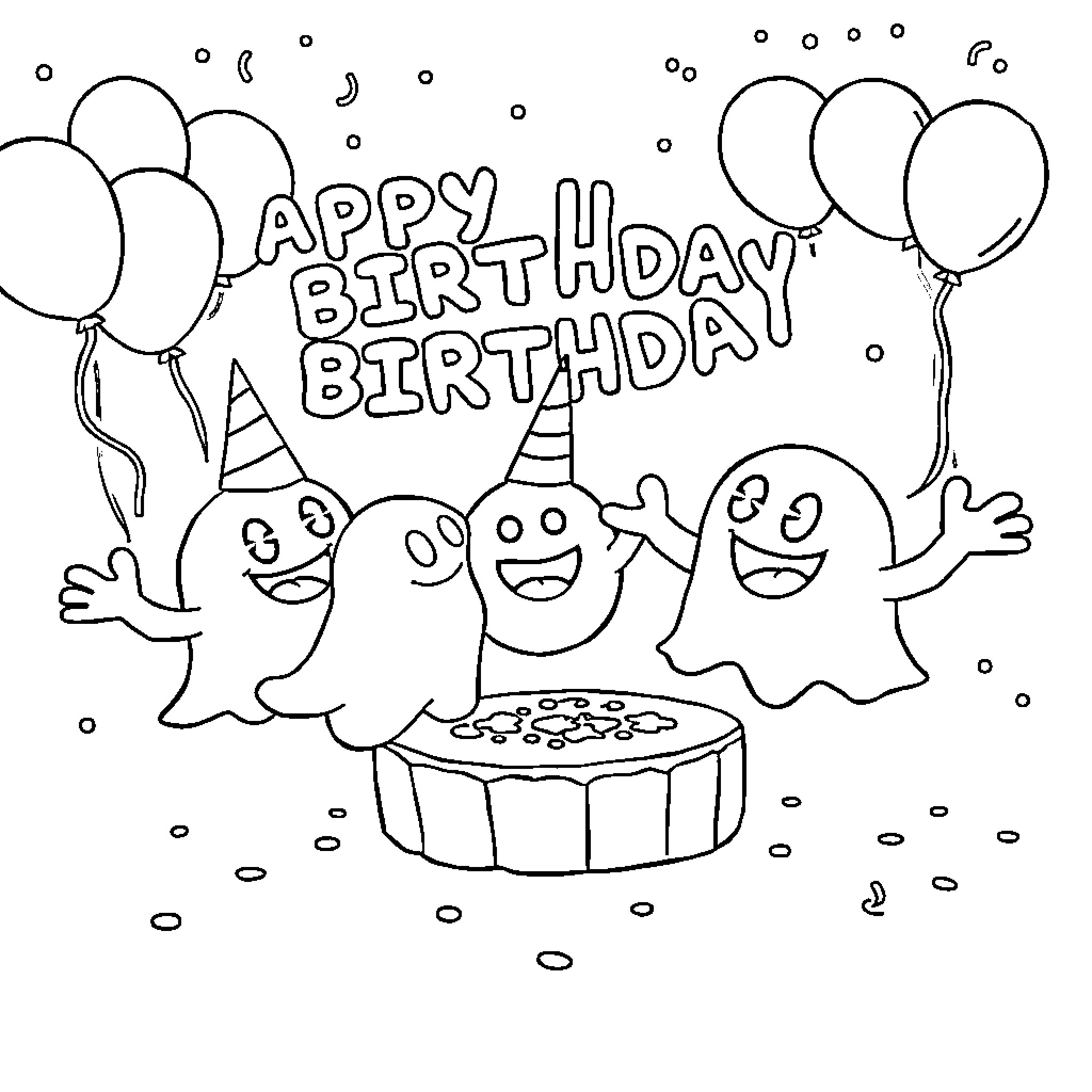 Ghost characters celebrating a happy birthday Coloring Page (free black-and-white line drawing printable PDF for all, from beginners to advanced learners, including children, teens, adults, and seniors)
