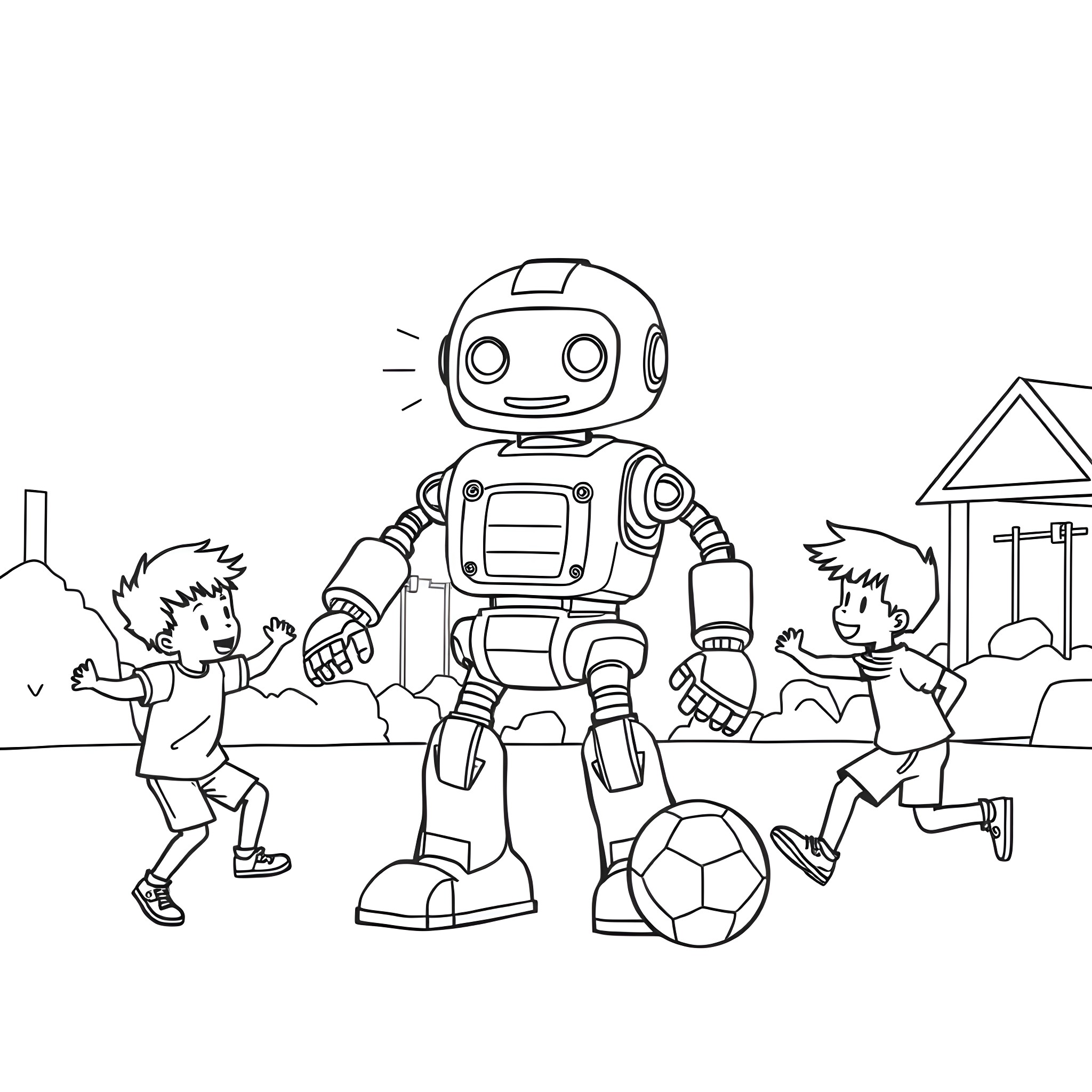 Robot playing soccer with happy children in the park Coloring Page (free black-and-white line drawing printable PDF for all, from beginners to advanced learners, including children, teens, adults, and seniors)