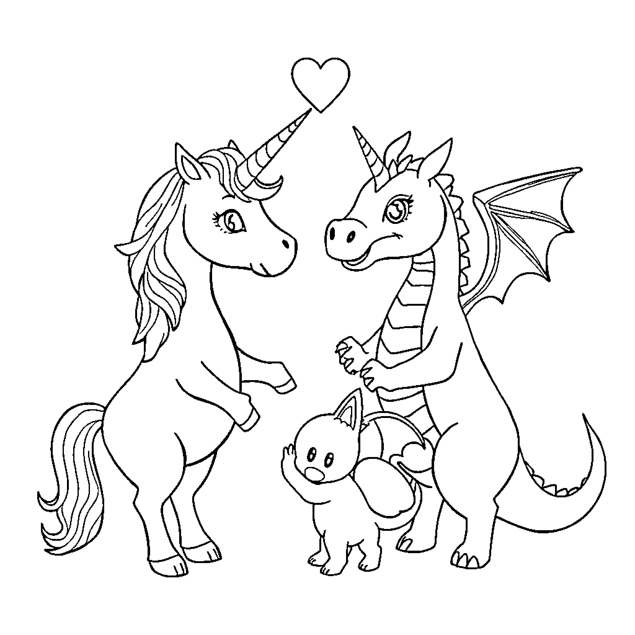 Unicorn, dragon, and kitten playing together happily Coloring Page (free black-and-white line drawing printable PDF for all, from beginners to advanced learners, including children, teens, adults, and seniors)