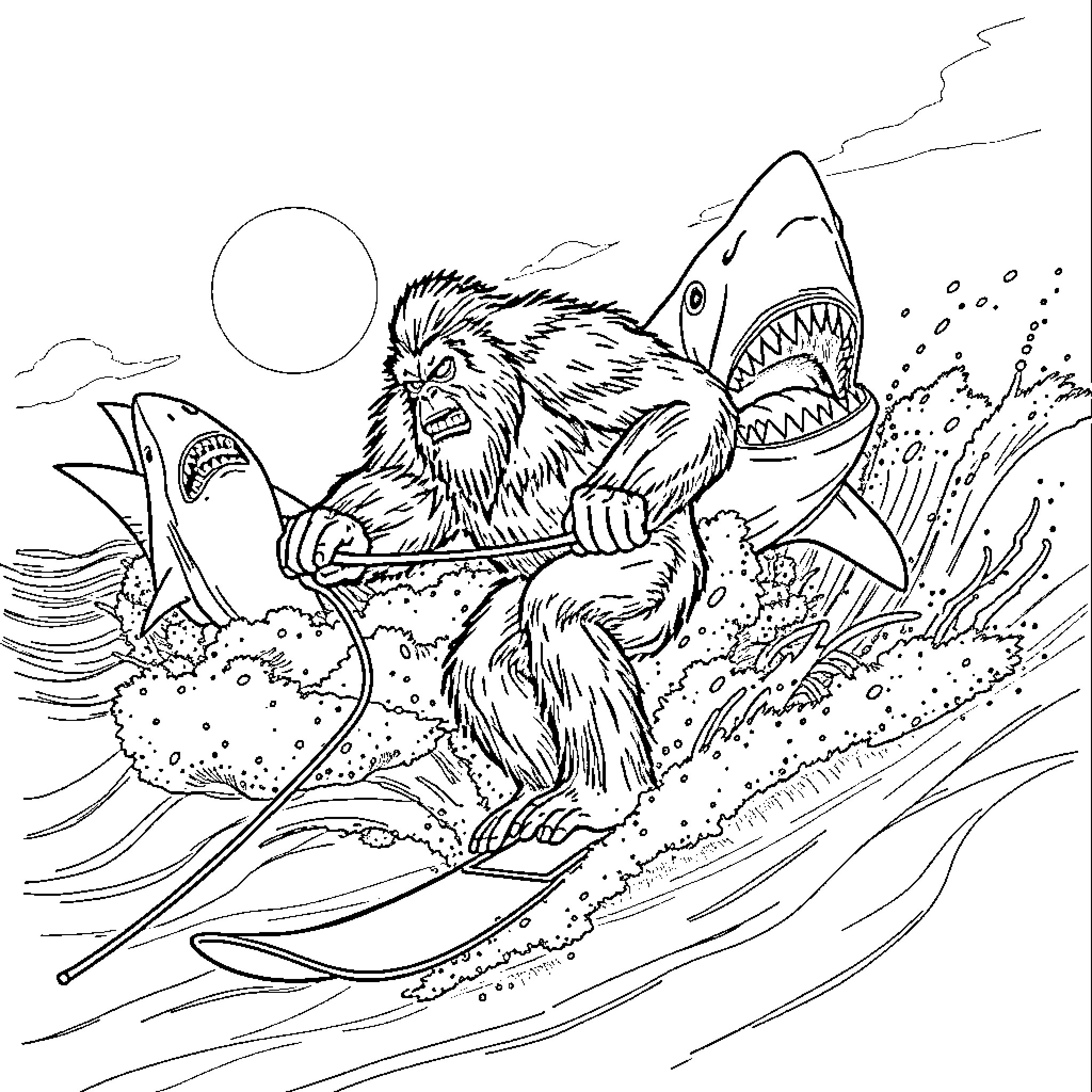 Bigfoot surfing with a shark in the ocean Coloring Page (free black-and-white line drawing printable PDF for all, from beginners to advanced learners, including children, teens, adults, and seniors)
