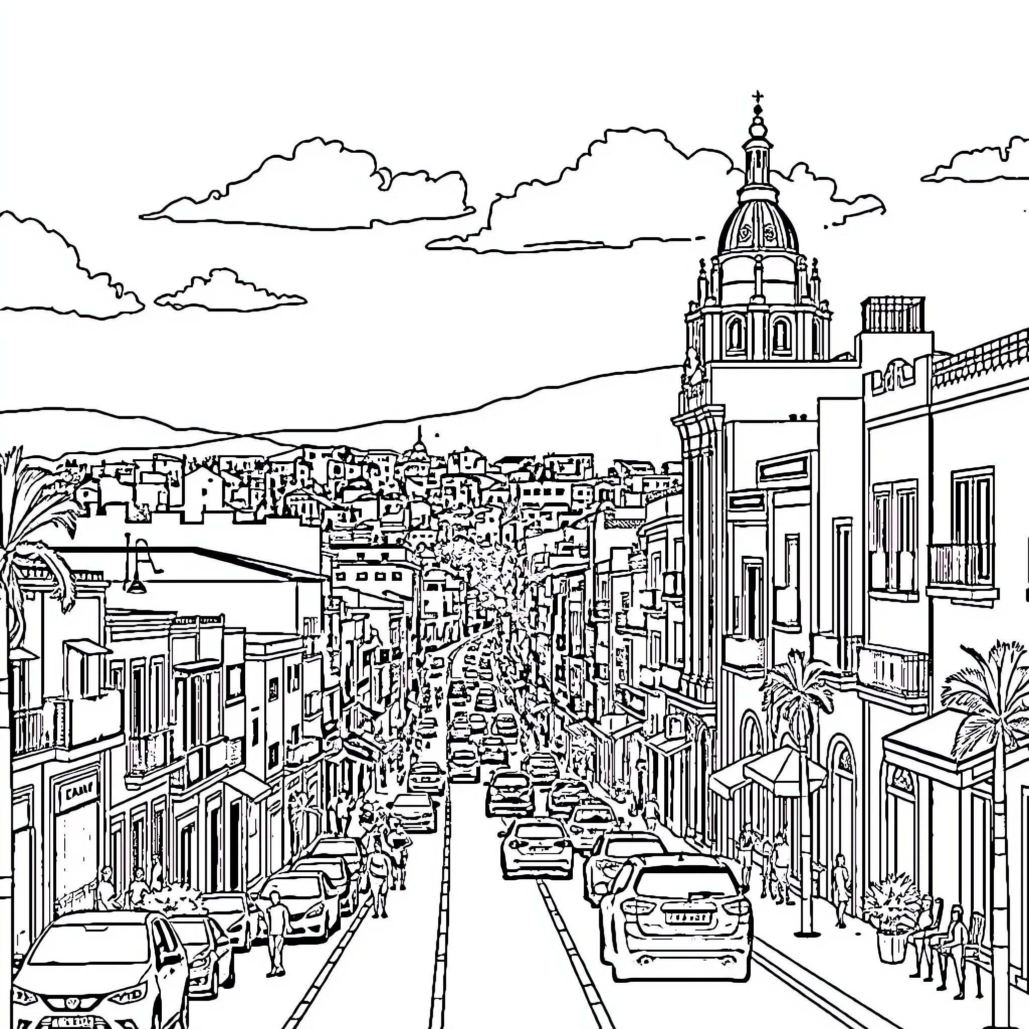City skyline with bustling streets and iconic architecture Coloring Page (free black-and-white line drawing printable PDF for all, from beginners to advanced learners, including children, teens, adults, and seniors)