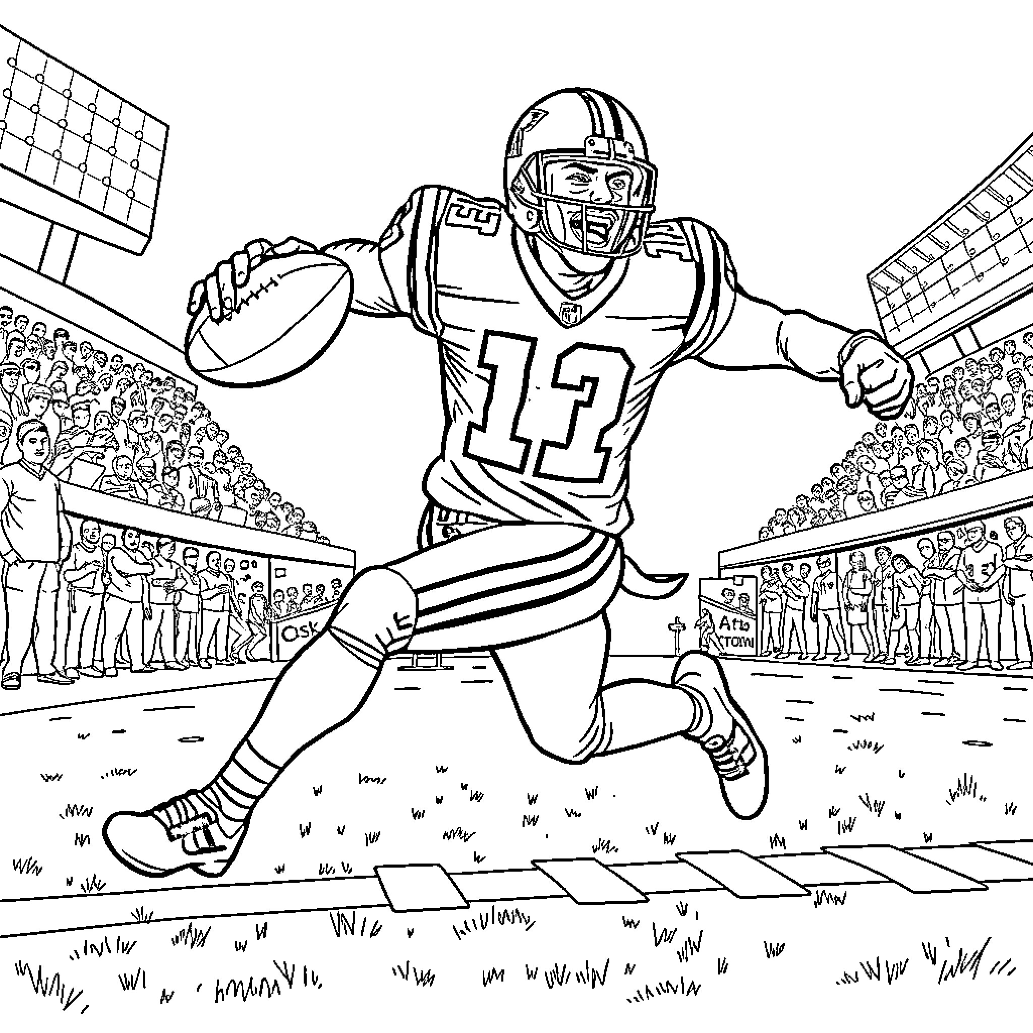 Cam Newton making a touchdown pass on the football field Coloring Page (free black-and-white line drawing printable PDF for all, from beginners to advanced learners, including children, teens, adults, and seniors)