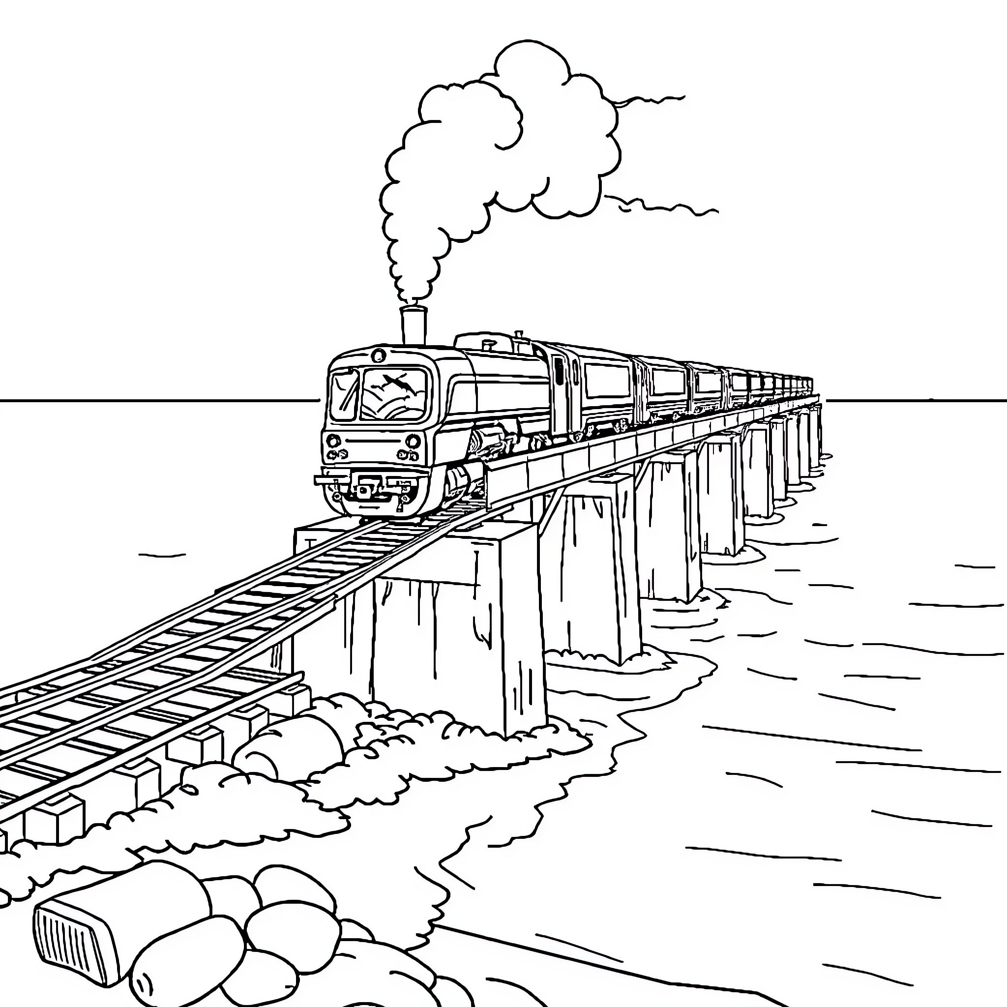 Train crossing expansive bridge with steam and smoke Coloring Page (free black-and-white line drawing printable PDF for all, from beginners to advanced learners, including children, teens, adults, and seniors)