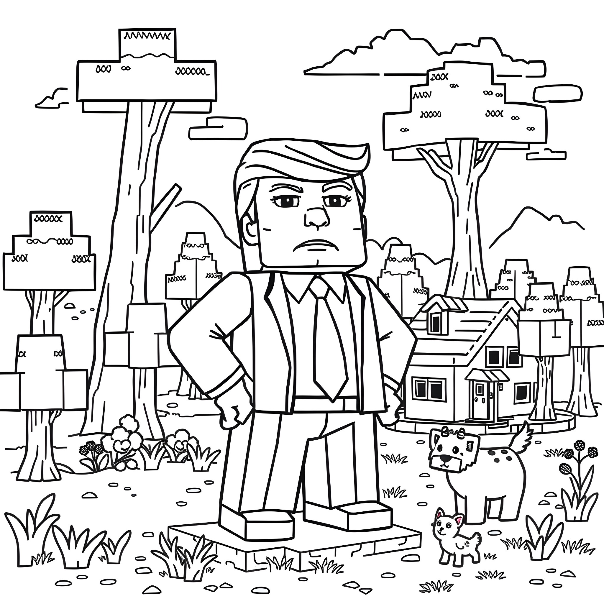 Donald Trump in an illustrated landscape scene Coloring Page (free black-and-white line drawing printable PDF for all, from beginners to advanced learners, including children, teens, adults, and seniors)