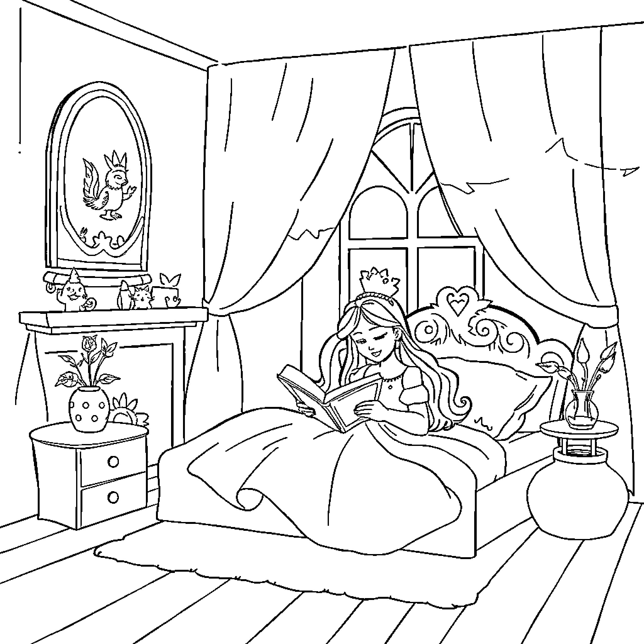 Princesse reading in her royal chamber Coloring Page (free black-and-white line drawing printable PDF for all, from beginners to advanced learners, including children, teens, adults, and seniors)