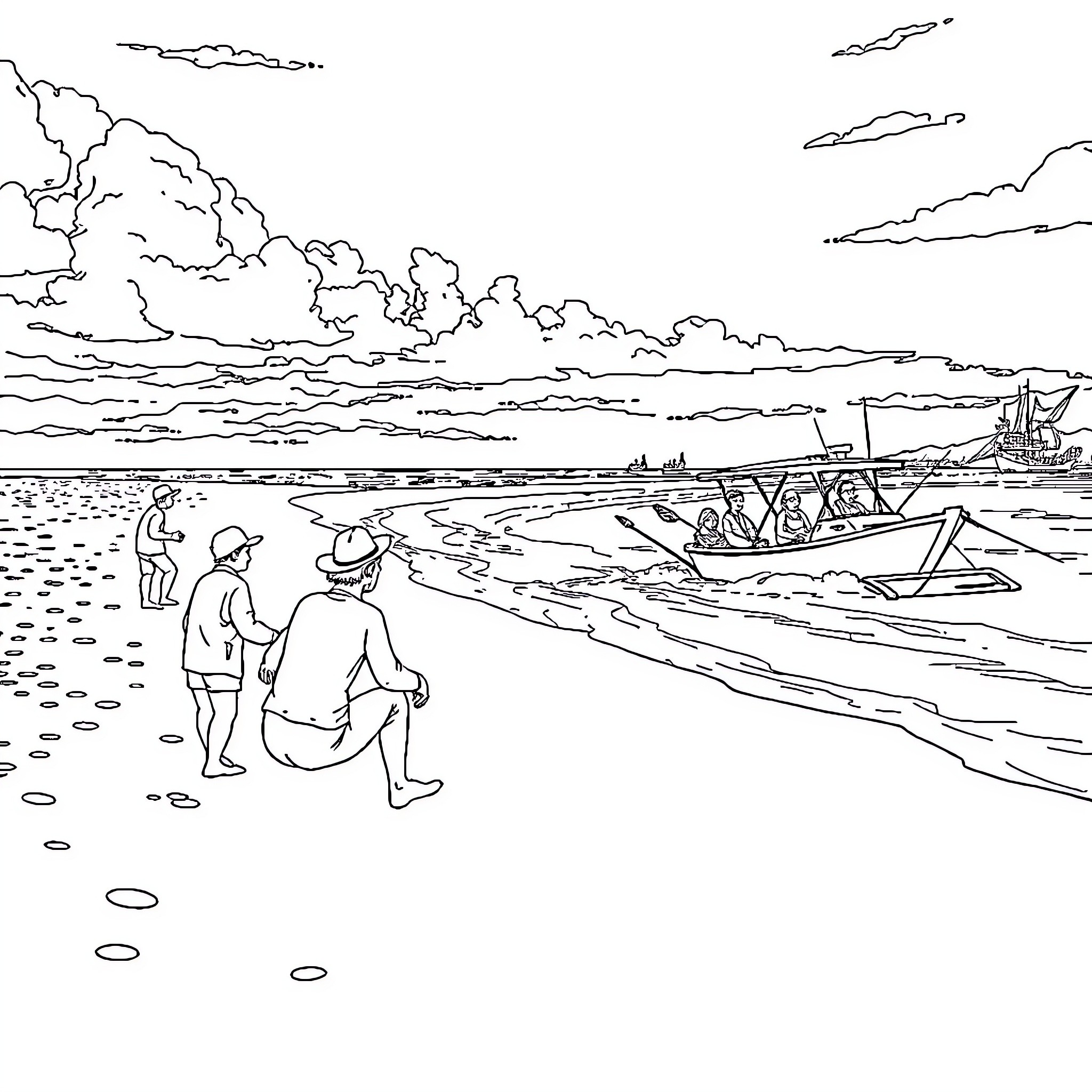 Outer Banks scenic coastal landscape with beachgoers Coloring Page (free black-and-white line drawing printable PDF for all, from beginners to advanced learners, including children, teens, adults, and seniors)