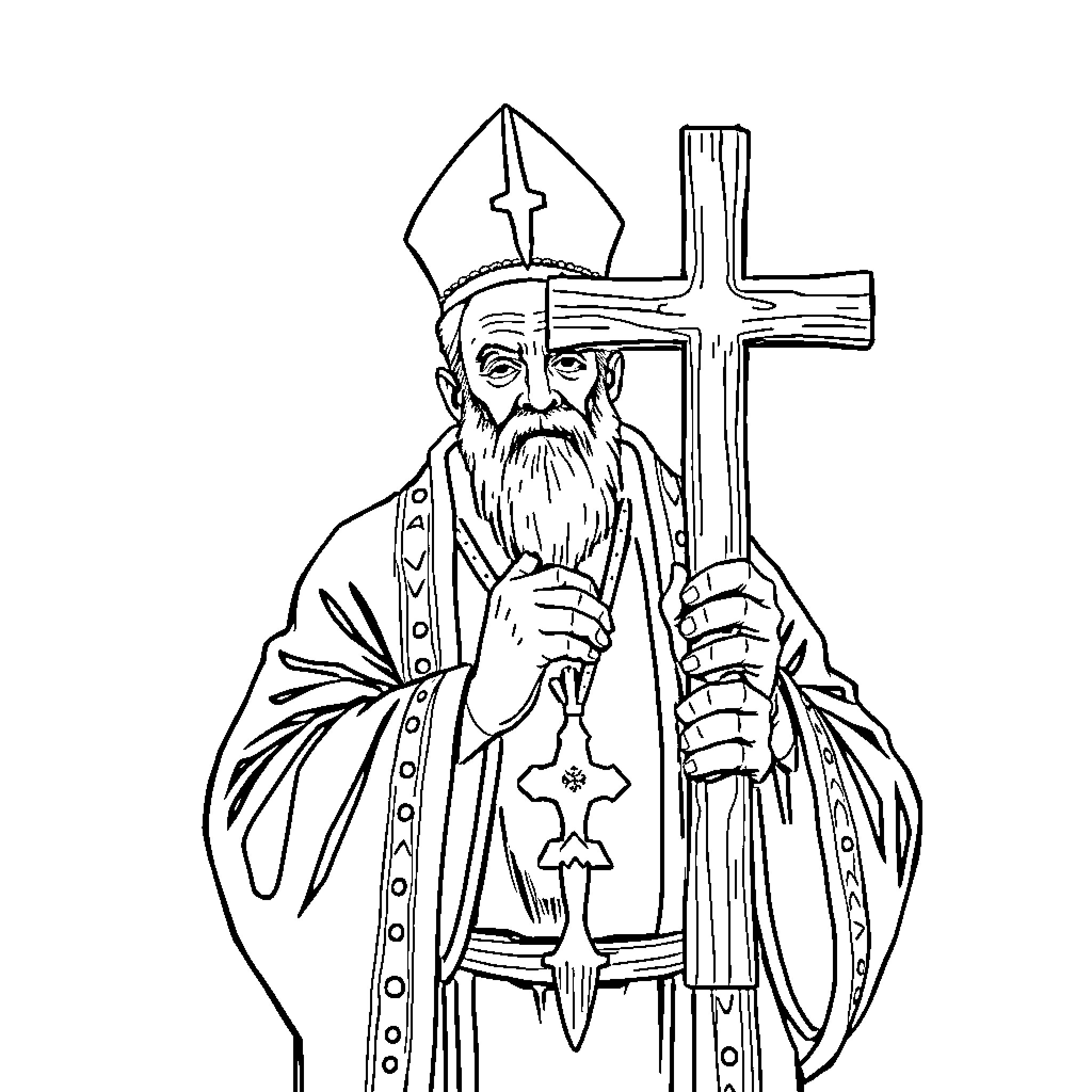 Father Zegri holding cross and standing solemnly Coloring Page (free black-and-white line drawing printable PDF for all, from beginners to advanced learners, including children, teens, adults, and seniors)