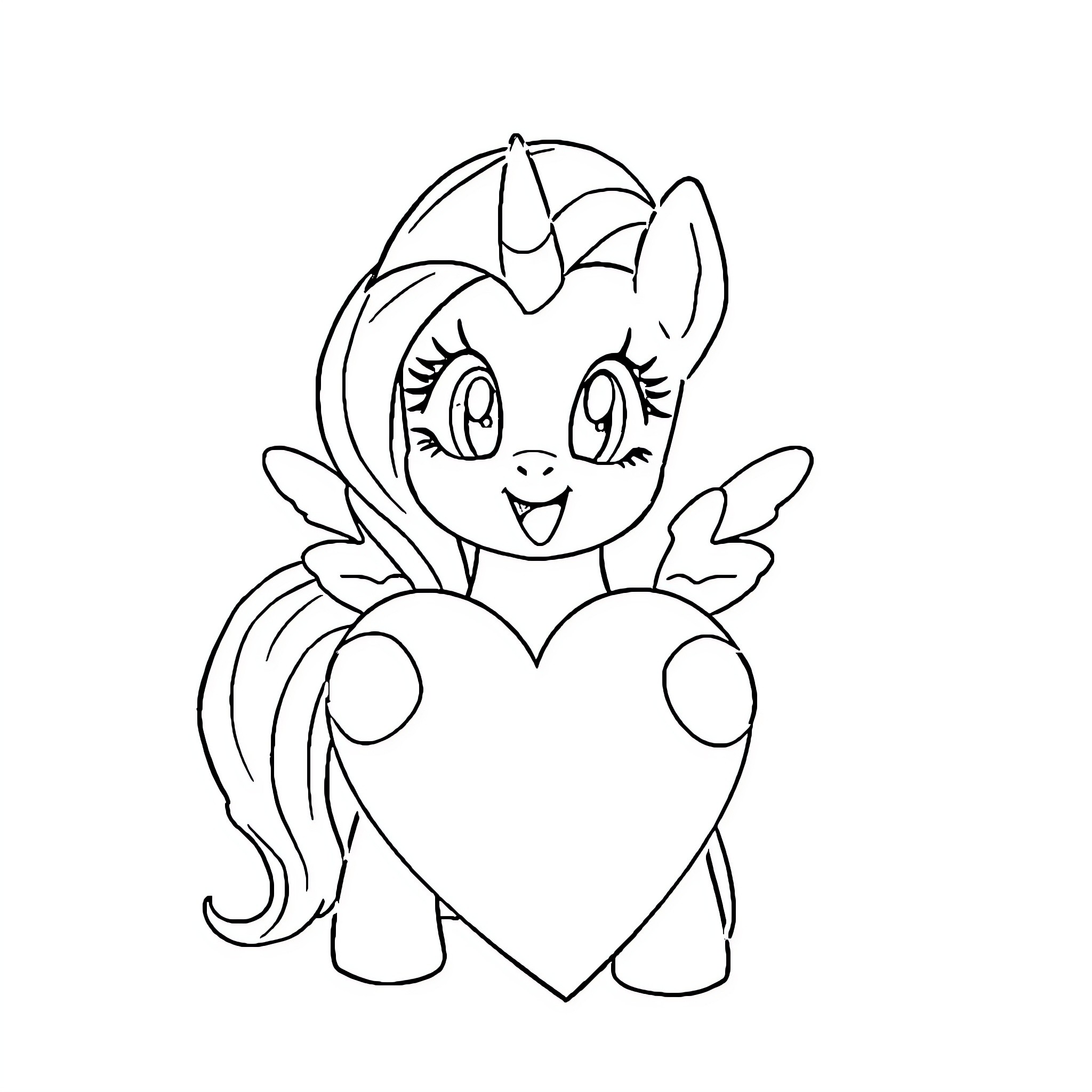 Pony holding a heart-shaped object Coloring Page (free black-and-white line drawing printable PDF for all, from beginners to advanced learners, including children, teens, adults, and seniors)