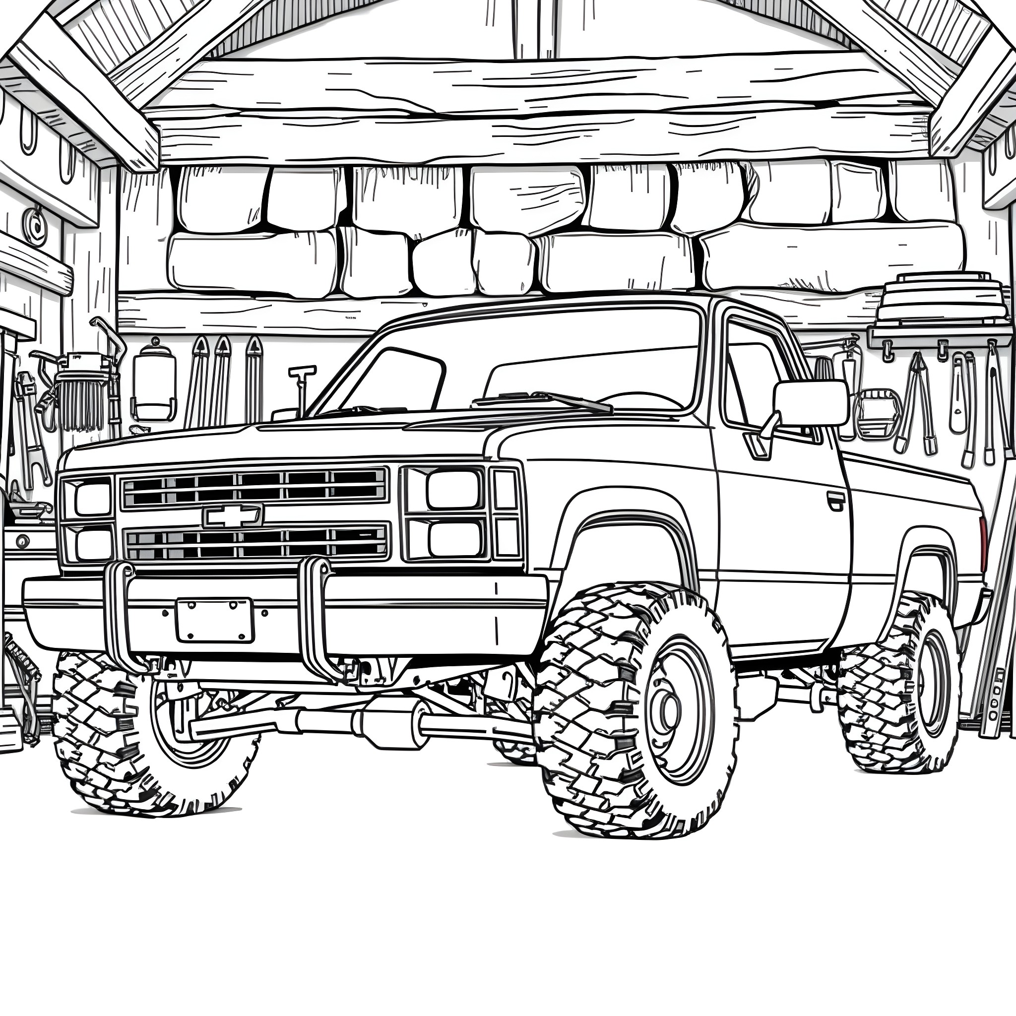 Truck parked in a rustic wooden garage Coloring Page (free black-and-white line drawing printable PDF for all, from beginners to advanced learners, including children, teens, adults, and seniors)