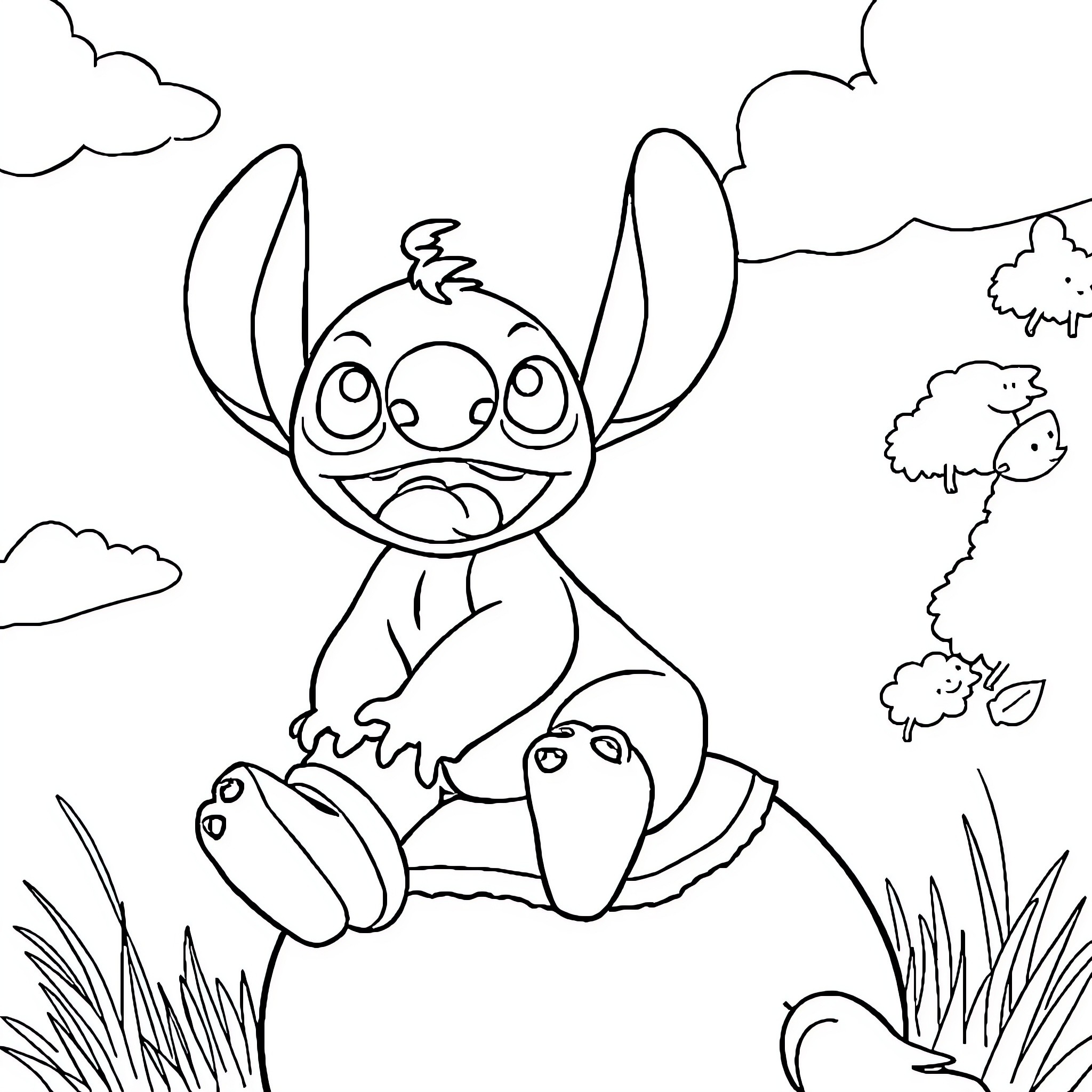 Stitch enjoying the outdoors in a whimsical scene Coloring Page (free black-and-white line drawing printable PDF for all, from beginners to advanced learners, including children, teens, adults, and seniors)