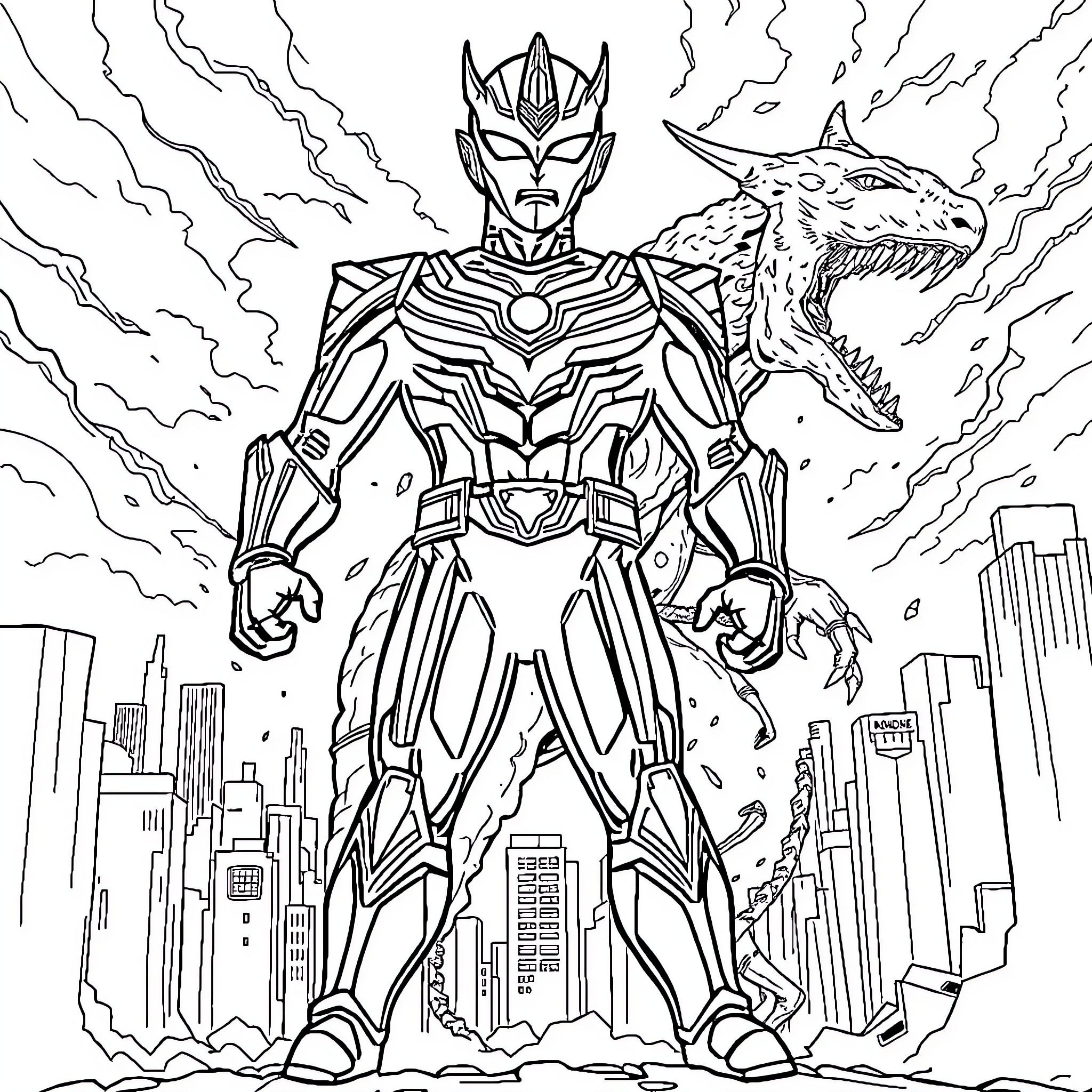 Ultraman fighting a monstrous creature in the city Coloring Page (free black-and-white line drawing printable PDF for all, from beginners to advanced learners, including children, teens, adults, and seniors)