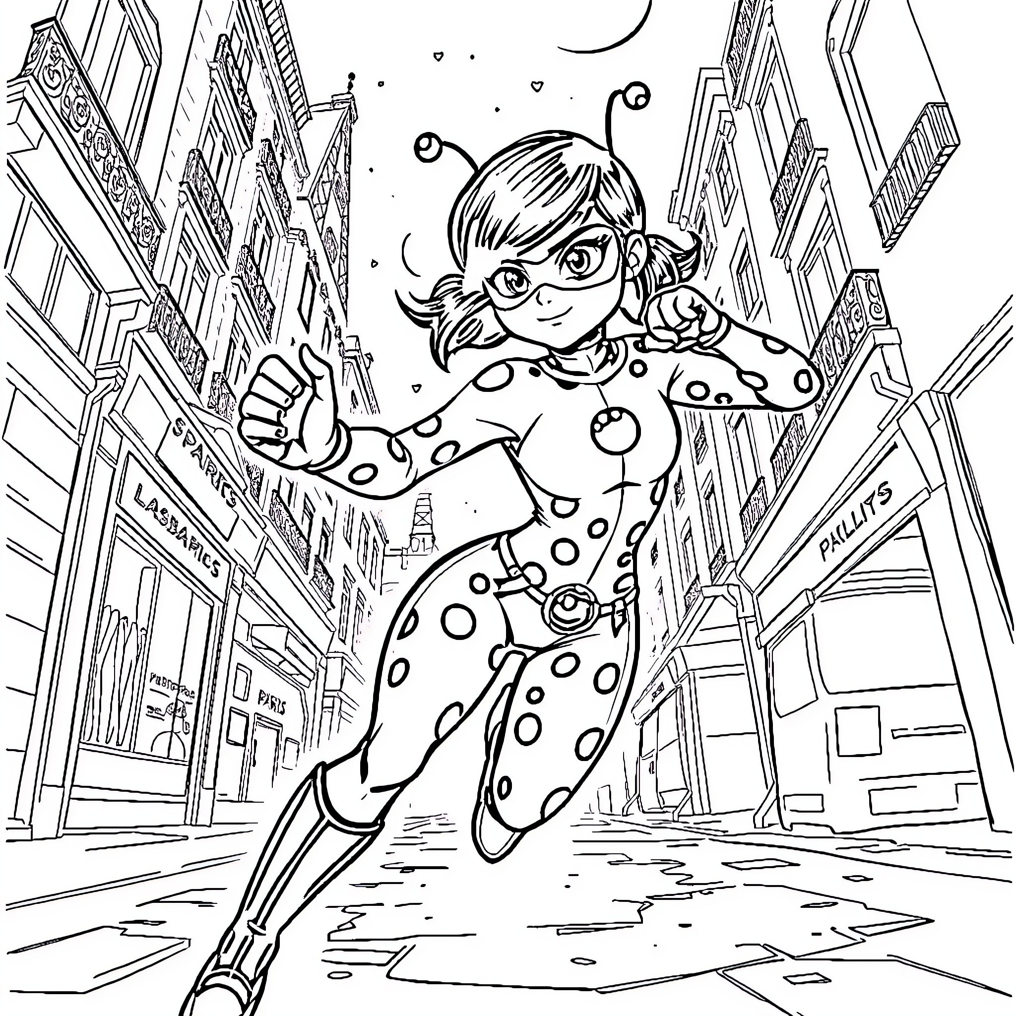 Ladybug superhero soaring through the city Coloring Page (free black-and-white line drawing printable PDF for all, from beginners to advanced learners, including children, teens, adults, and seniors)