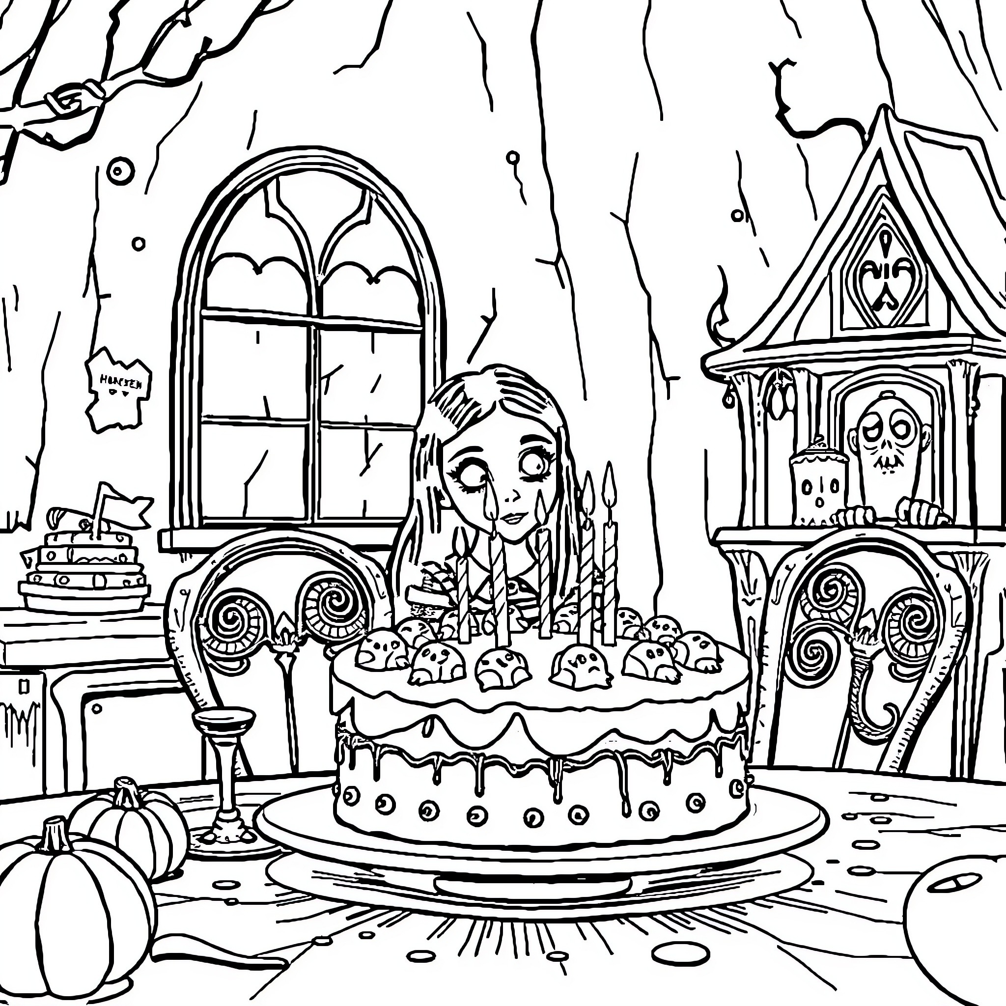 Wednesday Addams celebrates a spooky birthday Coloring Page (free black-and-white line drawing printable PDF for all, from beginners to advanced learners, including children, teens, adults, and seniors)