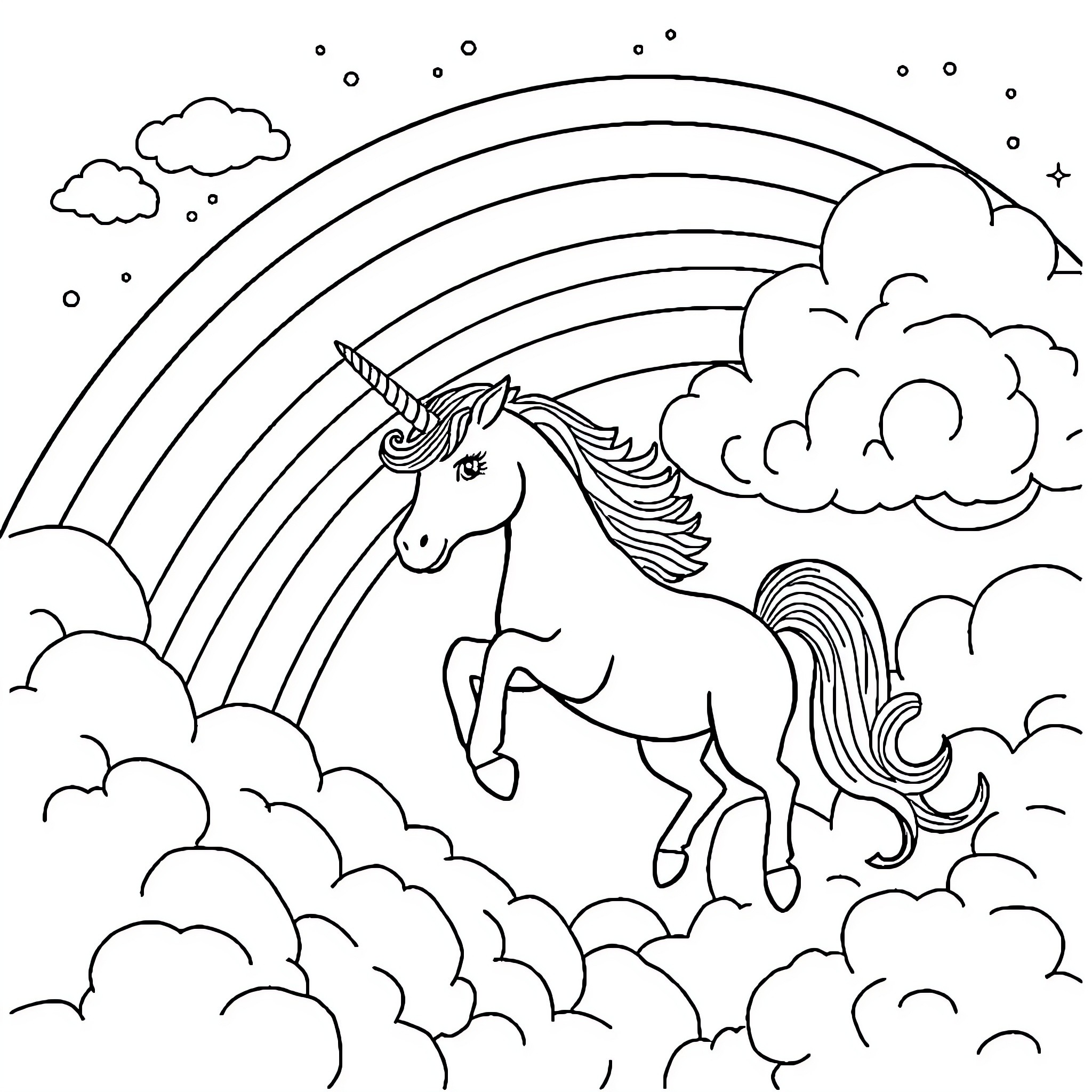 Unicorn galloping through magical clouds and rainbow Coloring Page (free black-and-white line drawing printable PDF for all, from beginners to advanced learners, including children, teens, adults, and seniors)