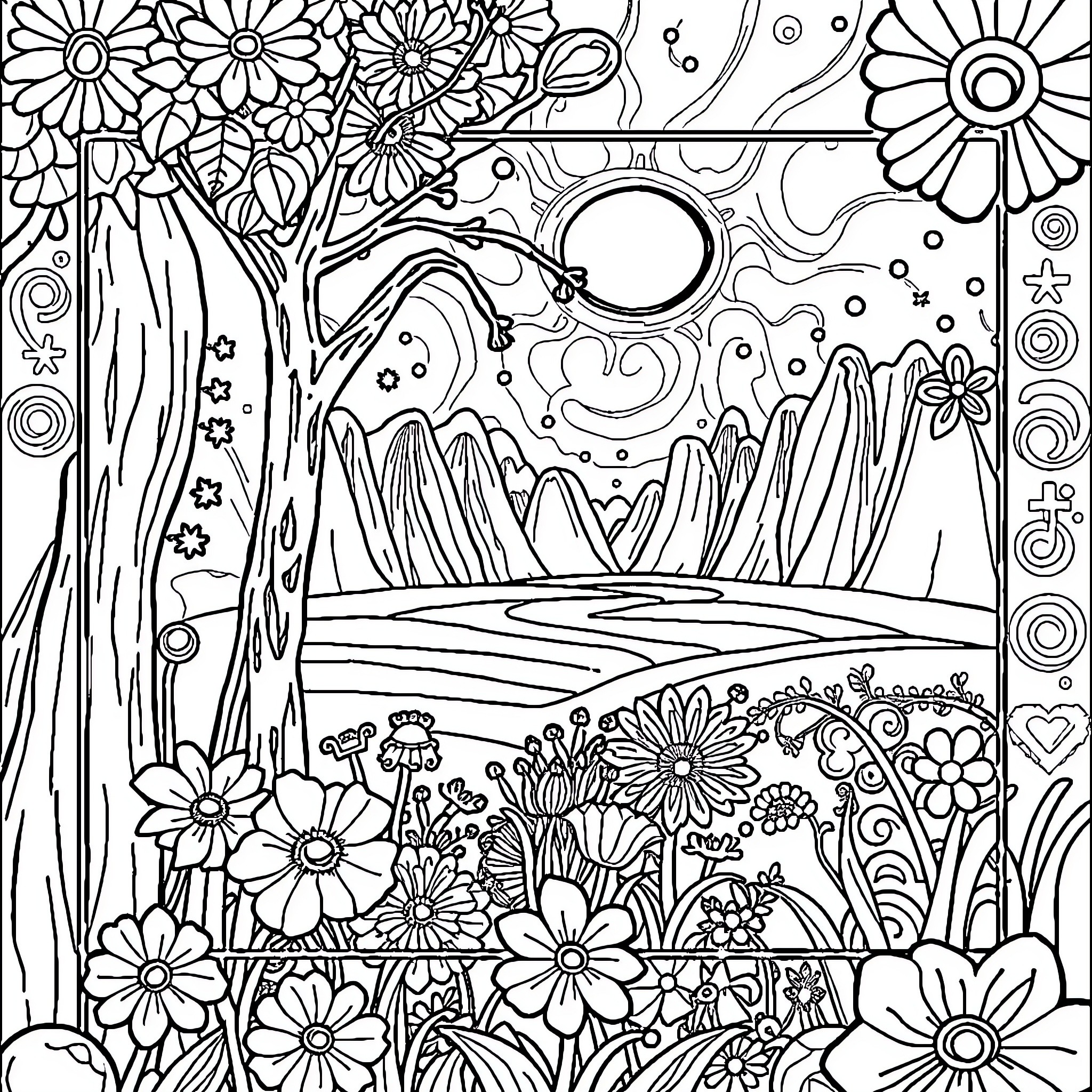 IG Story: Whimsical Floral Landscape Coloring Page (free black-and-white line drawing printable PDF for all, from beginners to advanced learners, including children, teens, adults, and seniors)