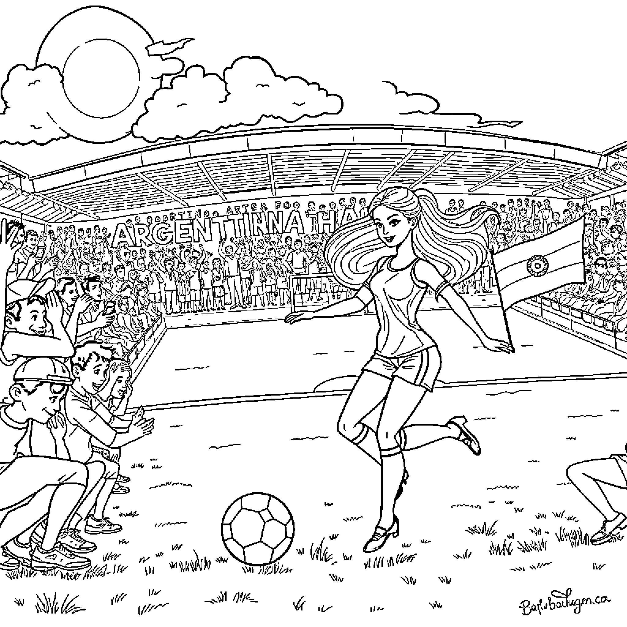 Barbie playing soccer in a stadium Coloring Page (free black-and-white line drawing printable PDF for all, from beginners to advanced learners, including children, teens, adults, and seniors)
