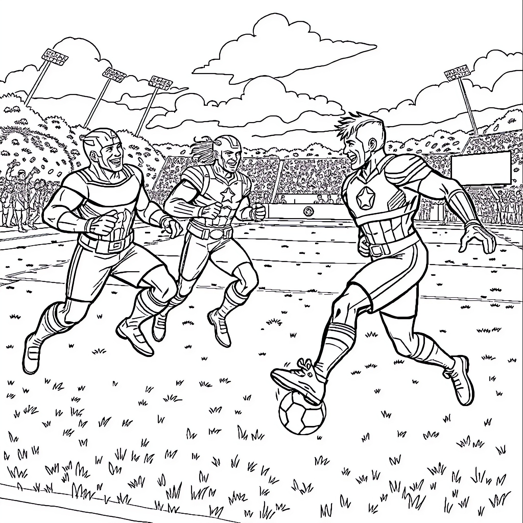 Avengers Assembling for Epic Superhero Showdown Coloring Page (free black-and-white line drawing printable PDF for all, from beginners to advanced learners, including children, teens, adults, and seniors)