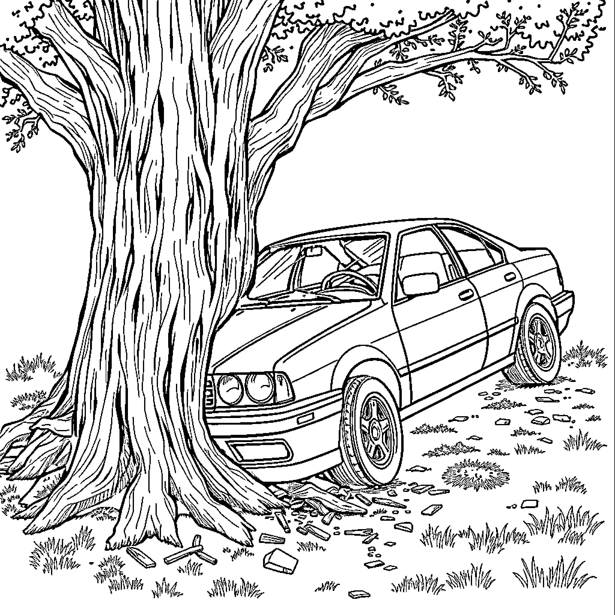 Car Parked Under Sprawling Tree Coloring Page (free black-and-white line drawing printable PDF for all, from beginners to advanced learners, including children, teens, adults, and seniors)