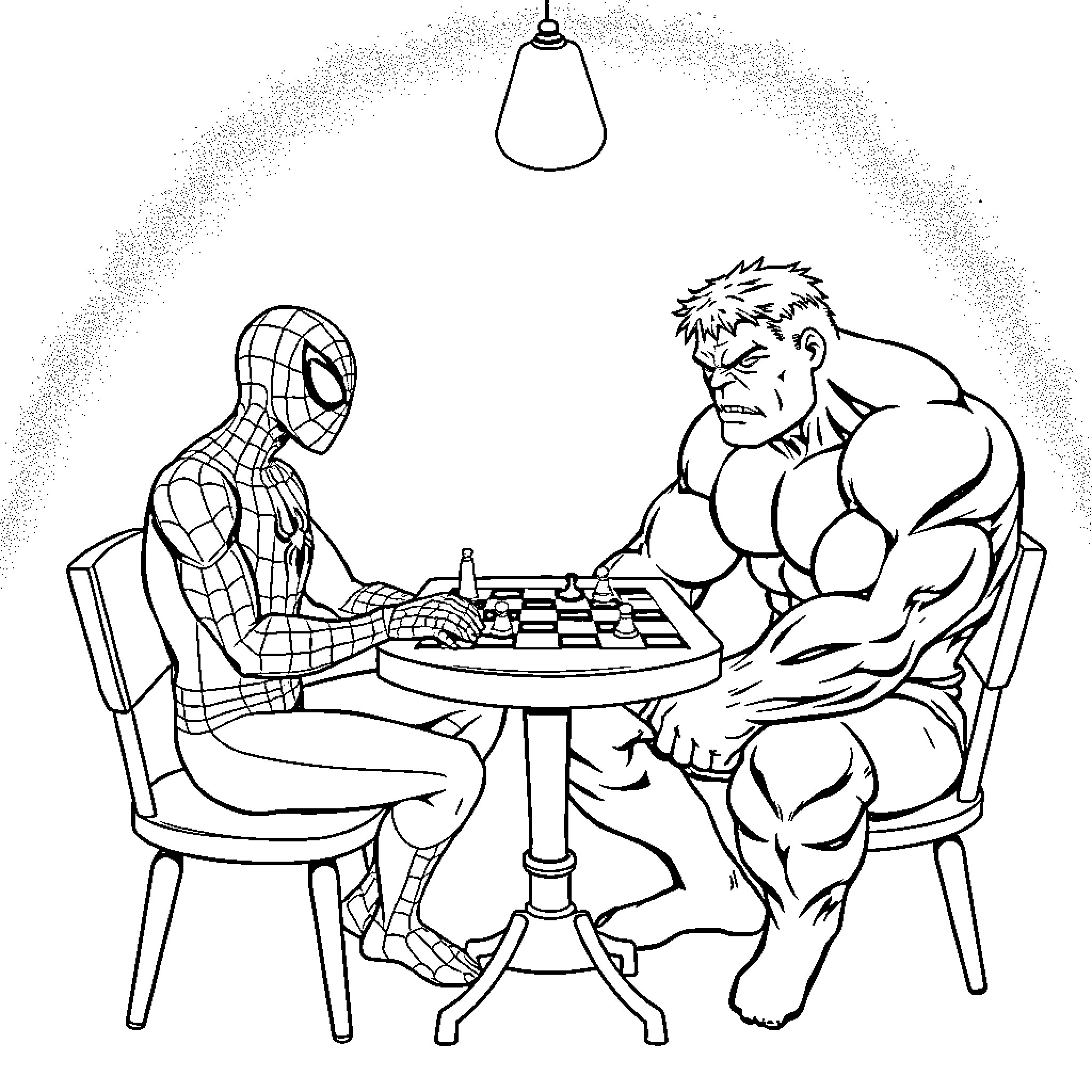 Spiderman playing chess with Hulk Coloring Page (free black-and-white line drawing printable PDF for all, from beginners to advanced learners, including children, teens, adults, and seniors)