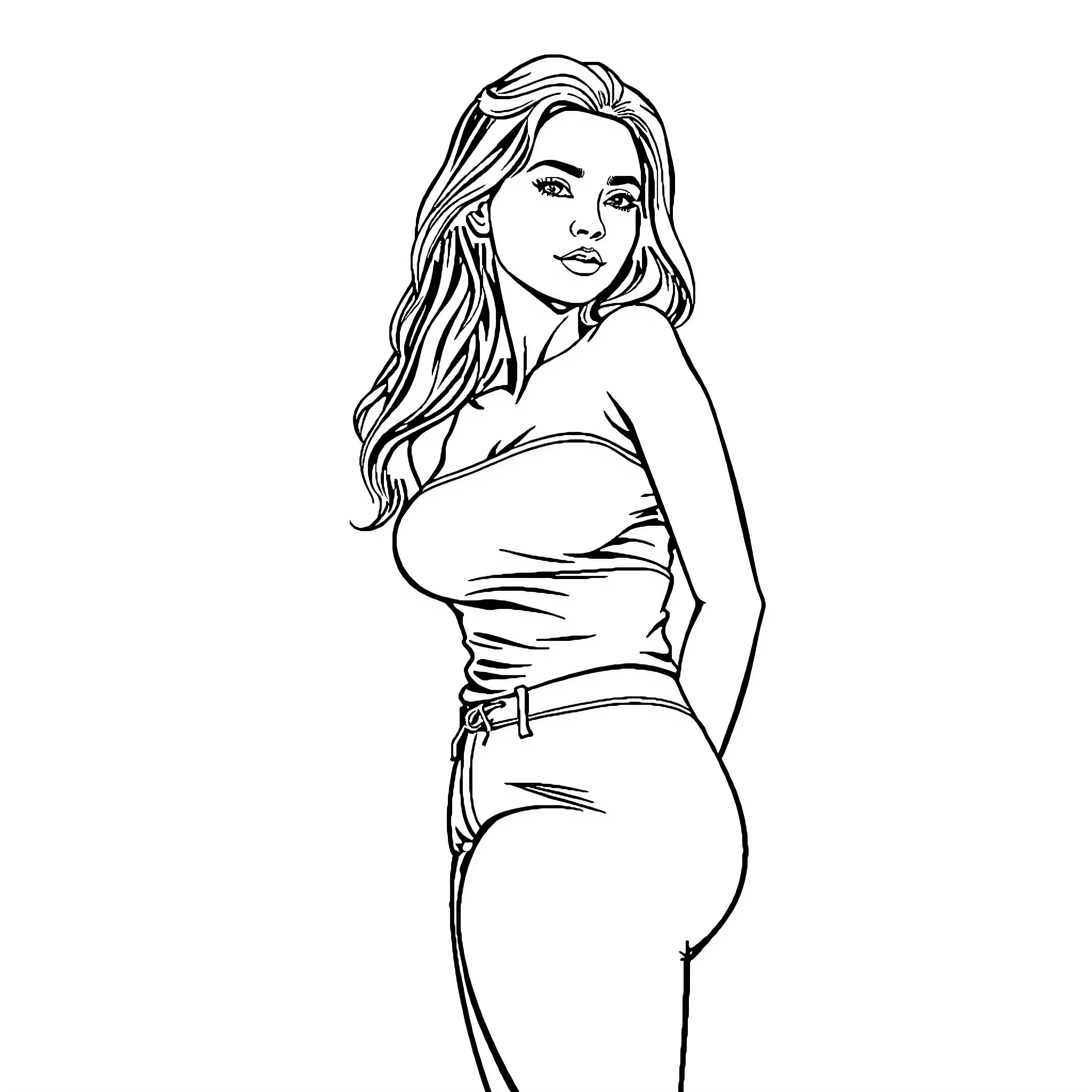 Woman in stylized outfit posing confidently Coloring Page (free black-and-white line drawing printable PDF for all, from beginners to advanced learners, including children, teens, adults, and seniors)